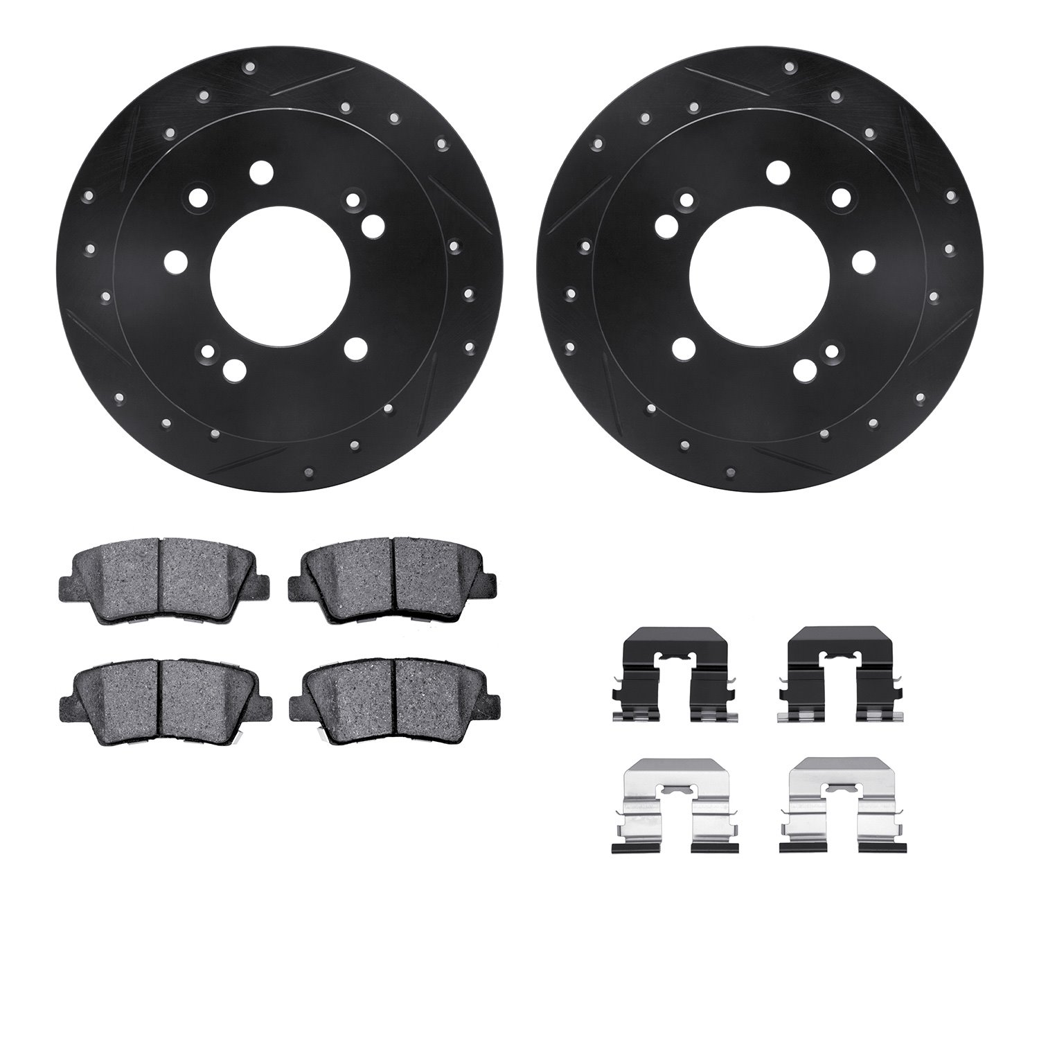 8512-03059 Drilled/Slotted Brake Rotors w/5000 Advanced Brake Pads Kit & Hardware [Black], 2010-2010 Kia/Hyundai/Genesis, Positi