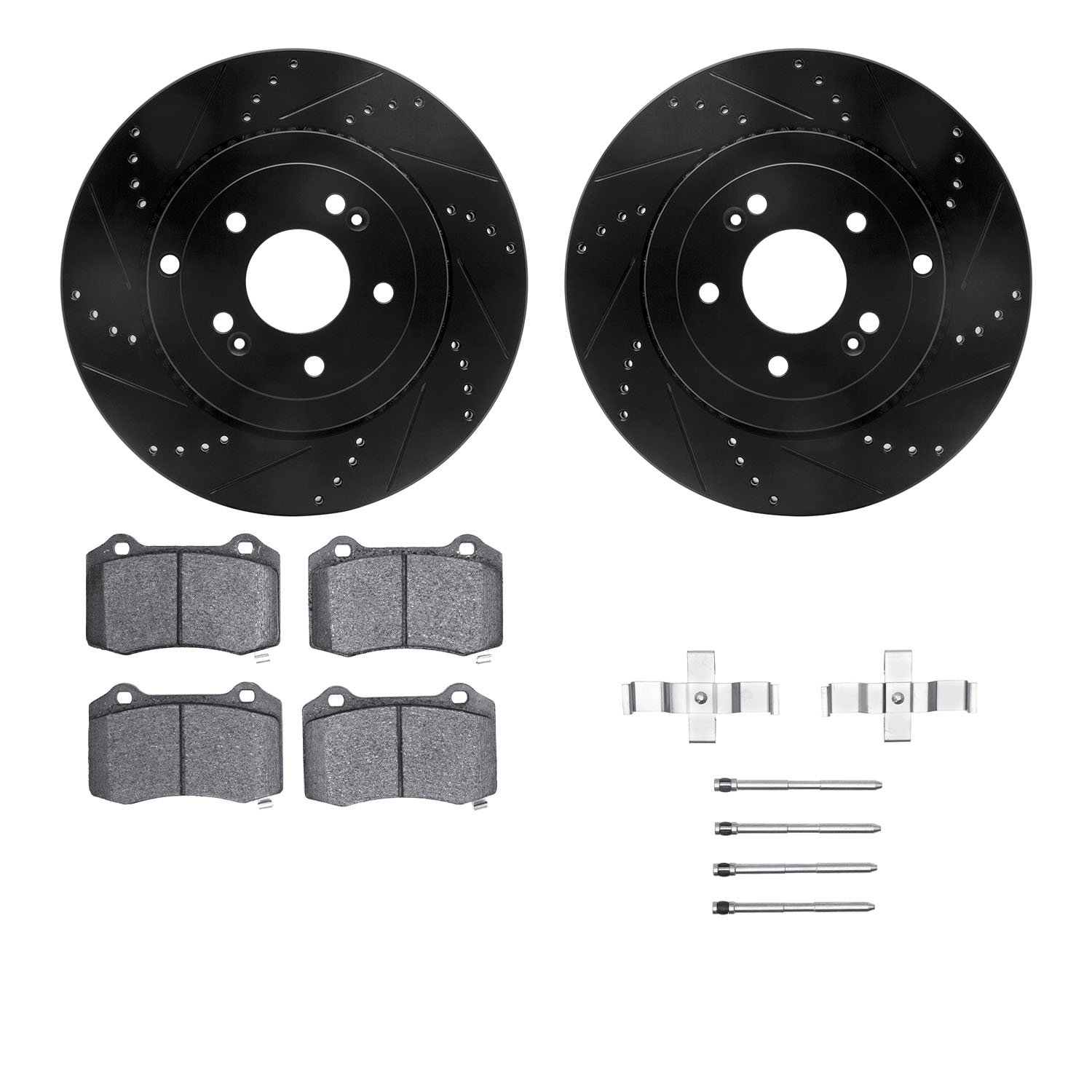 8512-03063 Drilled/Slotted Brake Rotors w/5000 Advanced Brake Pads Kit & Hardware [Black], 2010-2016 Kia/Hyundai/Genesis, Positi