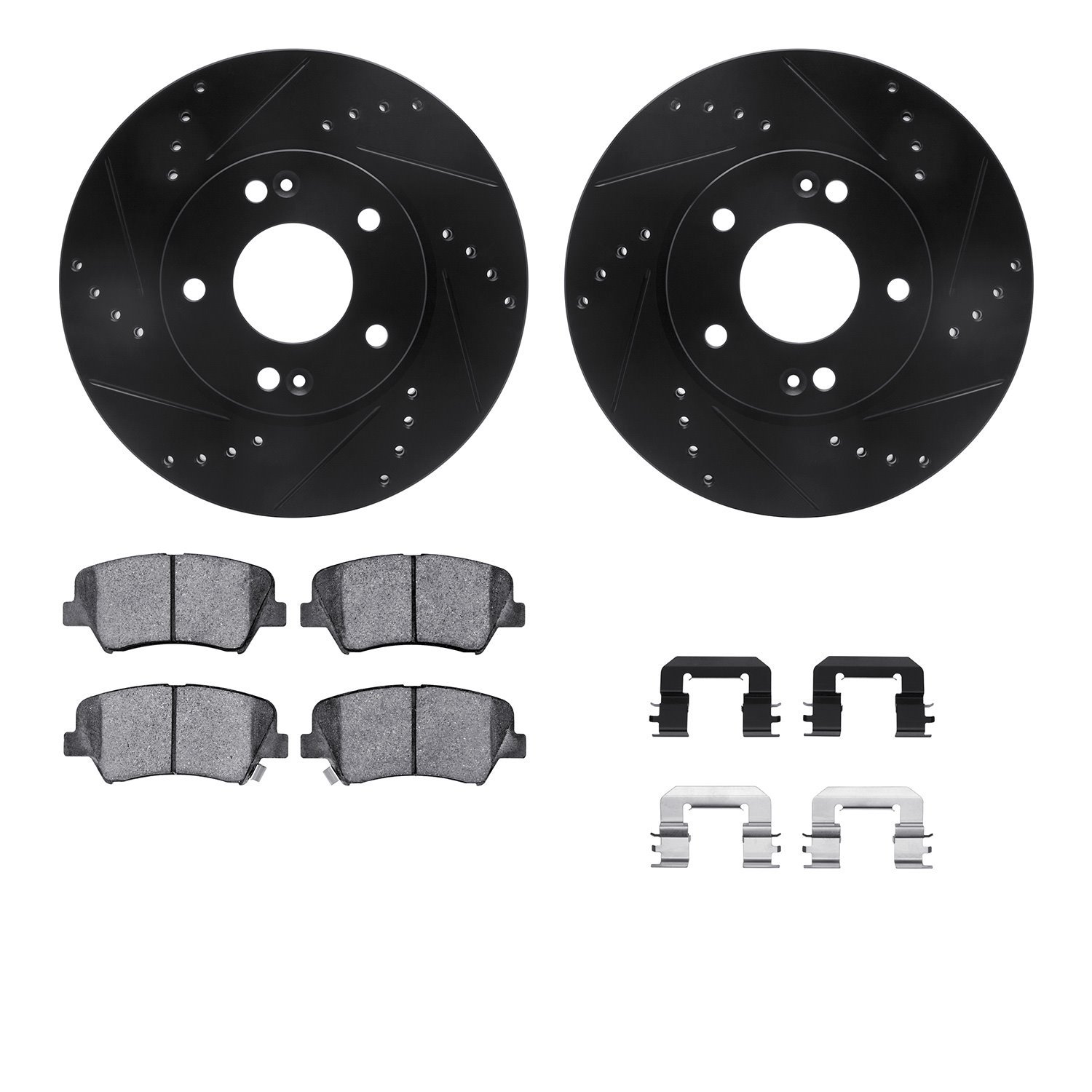 8512-03076 Drilled/Slotted Brake Rotors w/5000 Advanced Brake Pads Kit & Hardware [Black], 2012-2016 Kia/Hyundai/Genesis, Positi