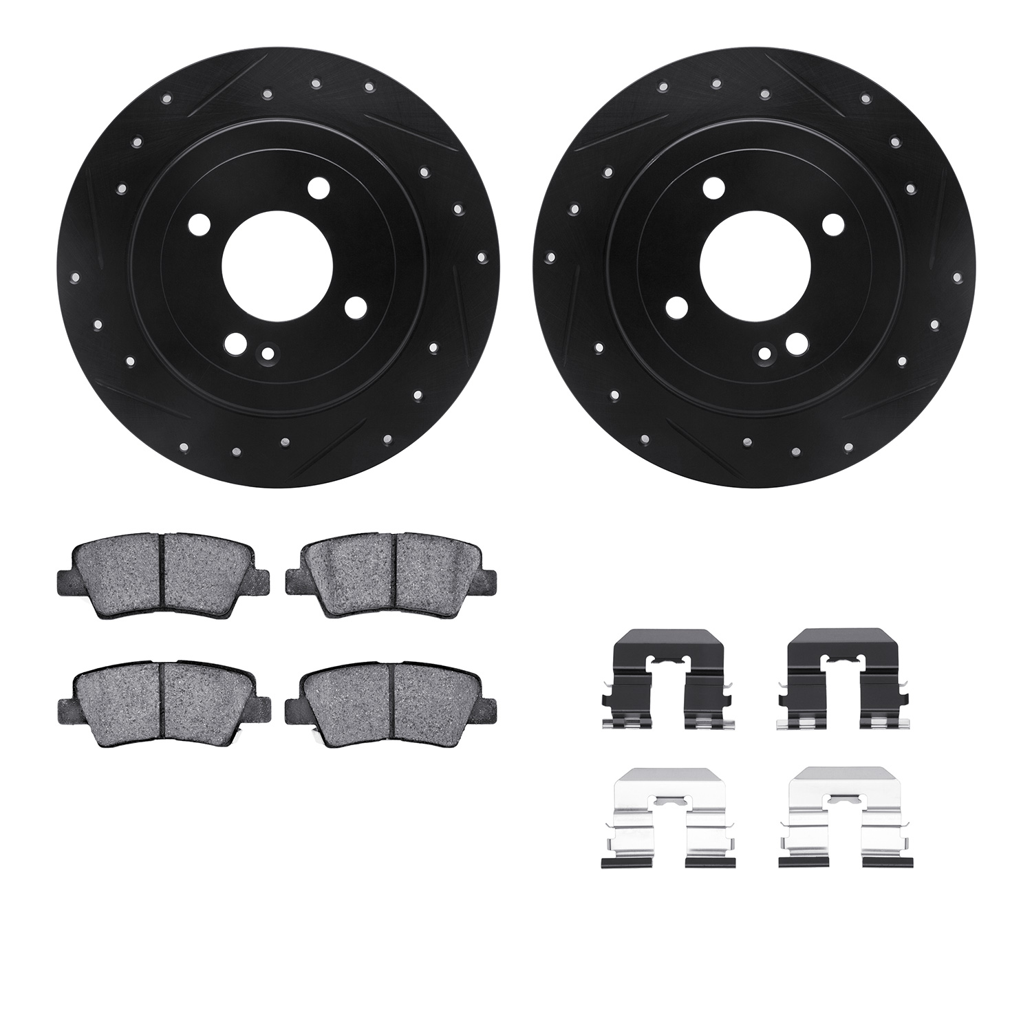 8512-03089 Drilled/Slotted Brake Rotors w/5000 Advanced Brake Pads Kit & Hardware [Black], 2013-2015 Mopar, Position: Rear
