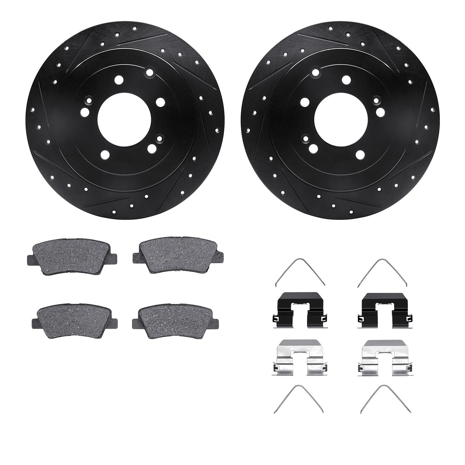 8512-03093 Drilled/Slotted Brake Rotors w/5000 Advanced Brake Pads Kit & Hardware [Black], Fits Select Kia/Hyundai/Genesis, Posi