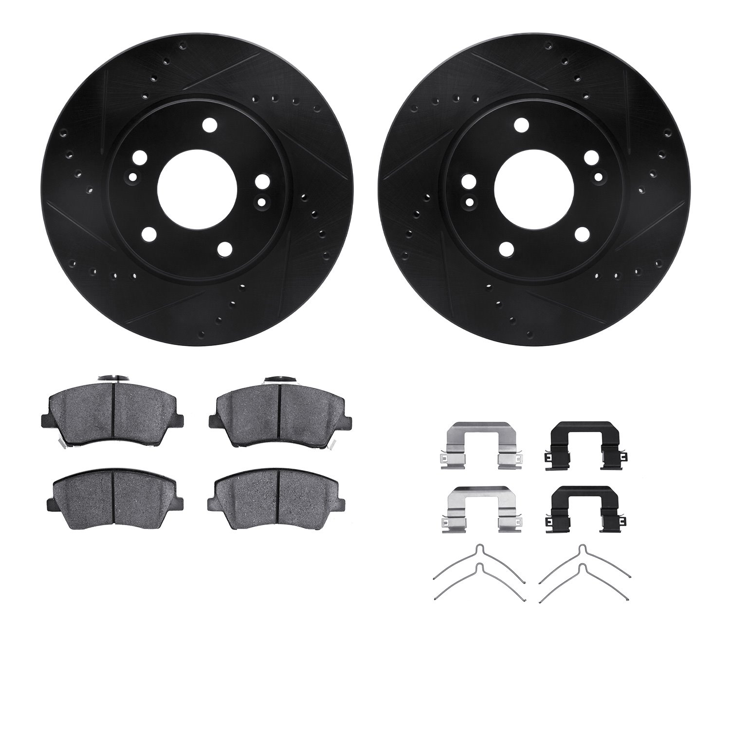 8512-03098 Drilled/Slotted Brake Rotors w/5000 Advanced Brake Pads Kit & Hardware [Black], Fits Select Kia/Hyundai/Genesis, Posi