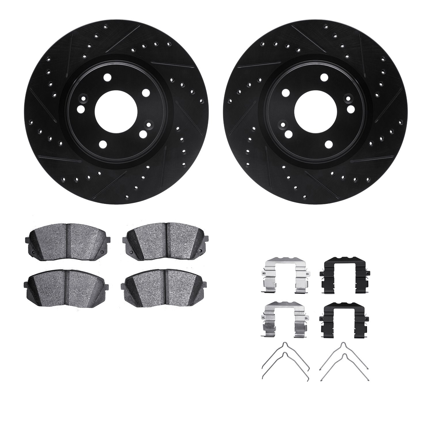 8512-03102 Drilled/Slotted Brake Rotors w/5000 Advanced Brake Pads Kit & Hardware [Black], Fits Select Kia/Hyundai/Genesis, Posi