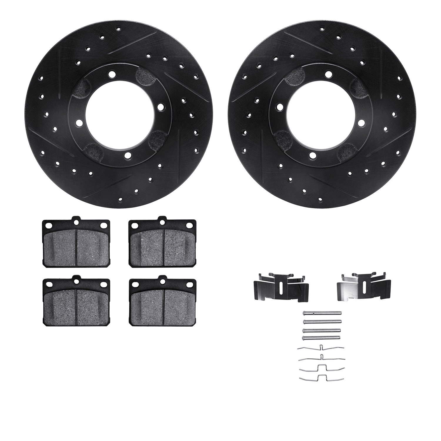 8512-03127 Drilled/Slotted Brake Rotors w/5000 Advanced Brake Pads Kit & Hardware [Black], 1987-1987 Mitsubishi, Position: Front