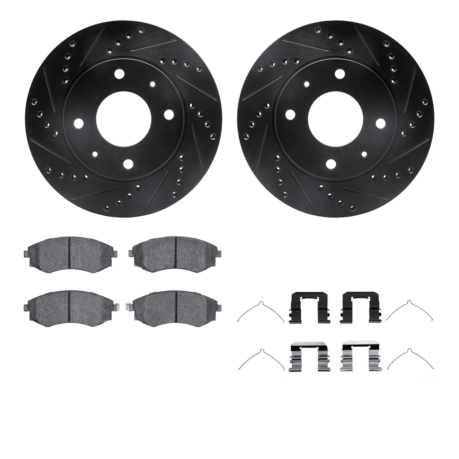 8512-03182 Drilled/Slotted Brake Rotors w/5000 Advanced Brake Pads Kit & Hardware [Black], 2002-2003 Kia/Hyundai/Genesis, Positi