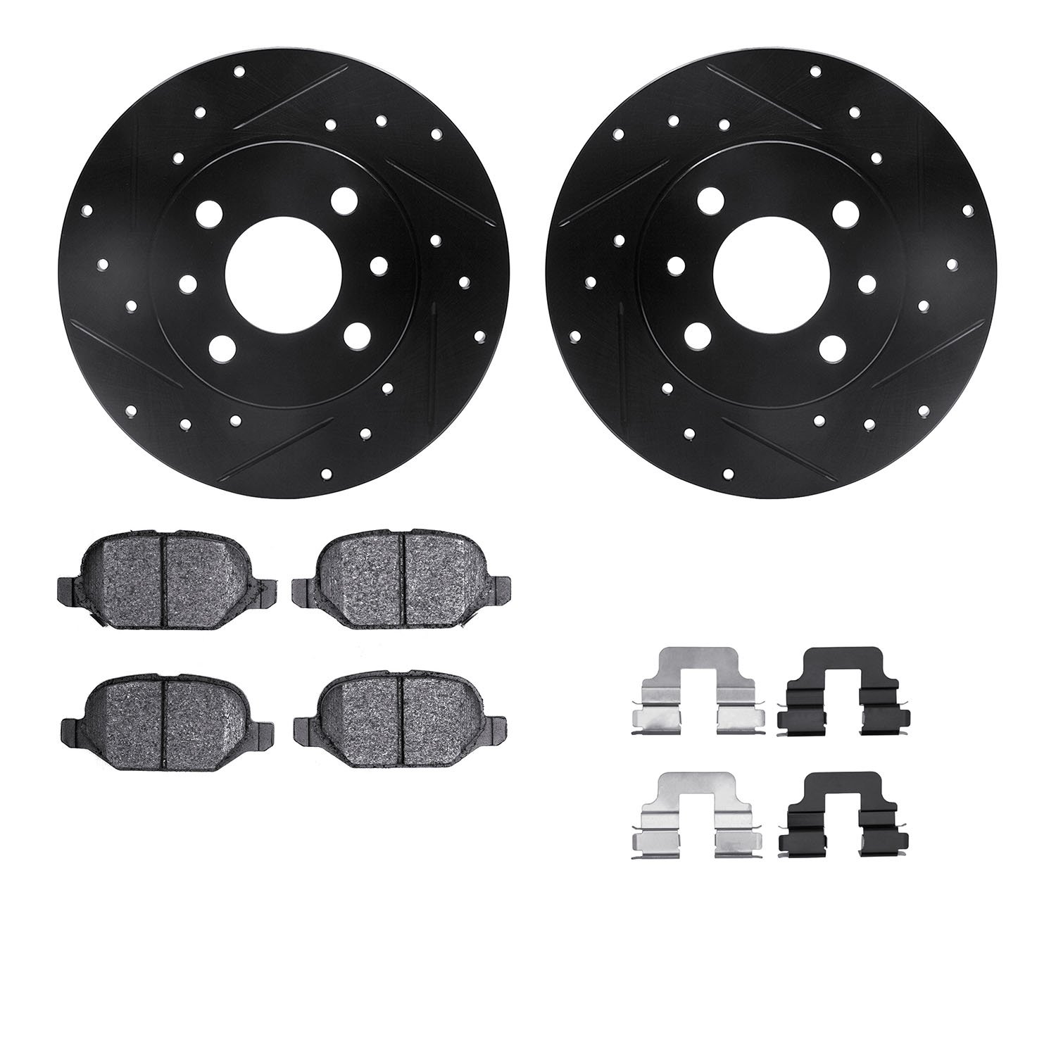 8512-07000 Drilled/Slotted Brake Rotors w/5000 Advanced Brake Pads Kit & Hardware [Black], 2009-2019 Mopar, Position: Rear