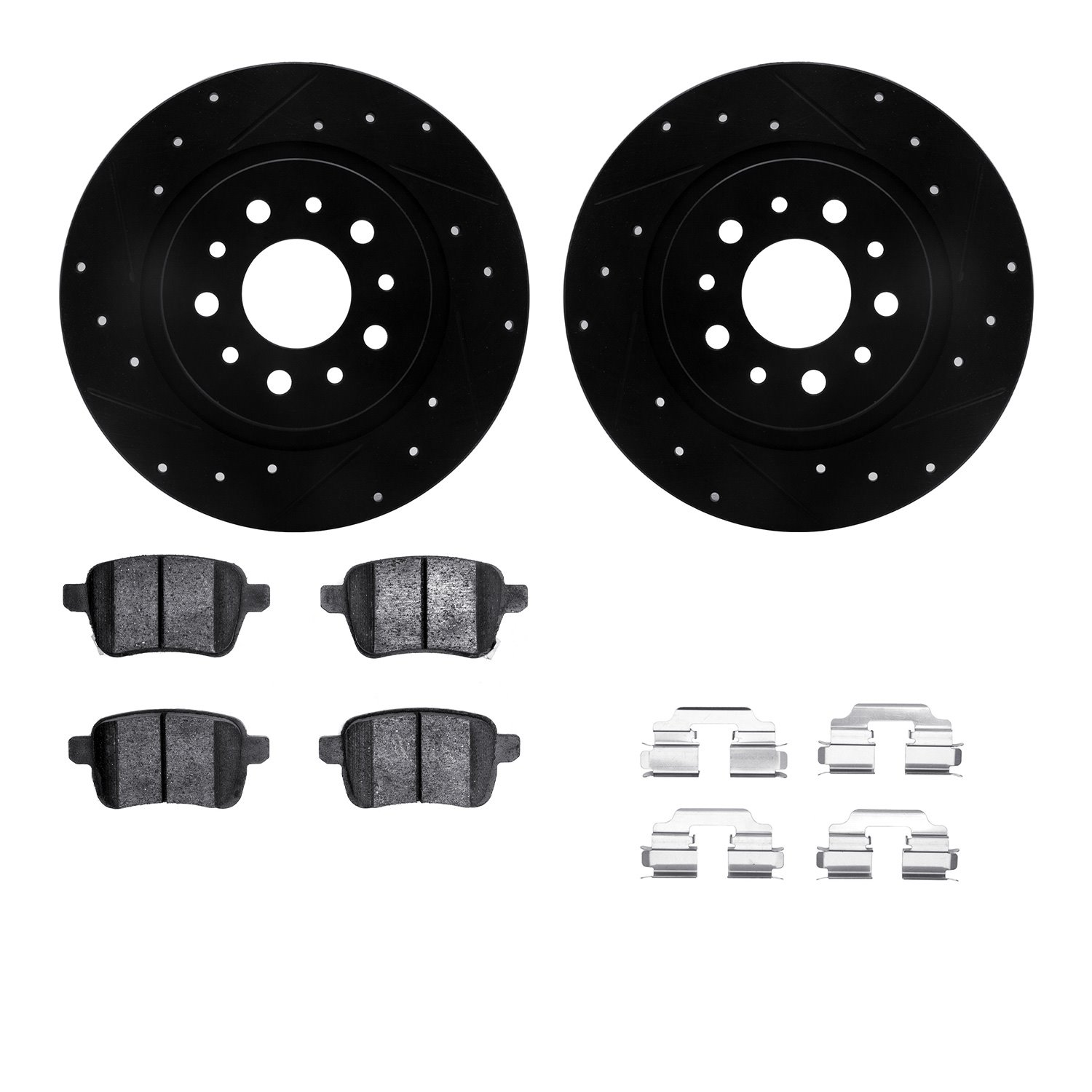 8512-07003 Drilled/Slotted Brake Rotors w/5000 Advanced Brake Pads Kit & Hardware [Black], 2014-2019 Mopar, Position: Rear