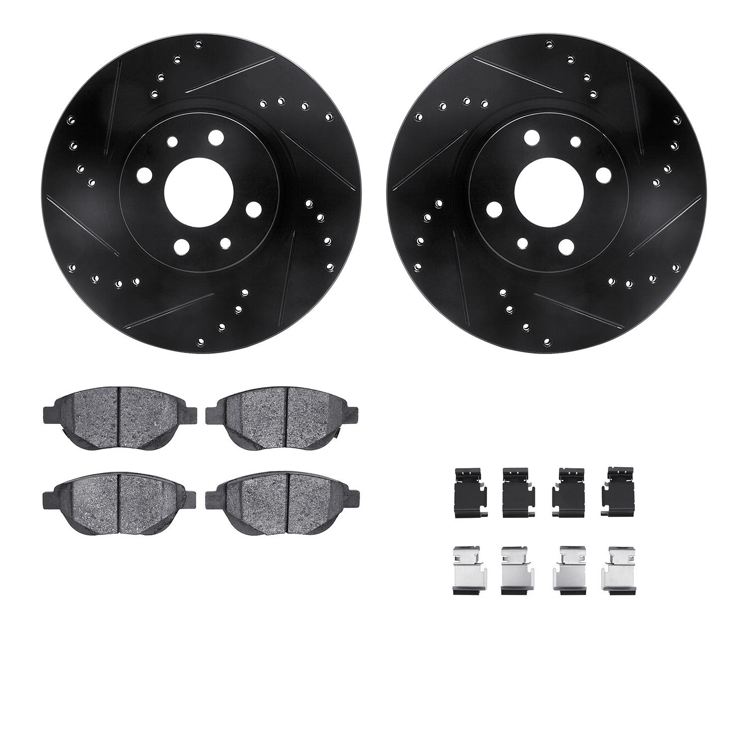 8512-07004 Drilled/Slotted Brake Rotors w/5000 Advanced Brake Pads Kit & Hardware [Black], 2012-2019 Mopar, Position: Front