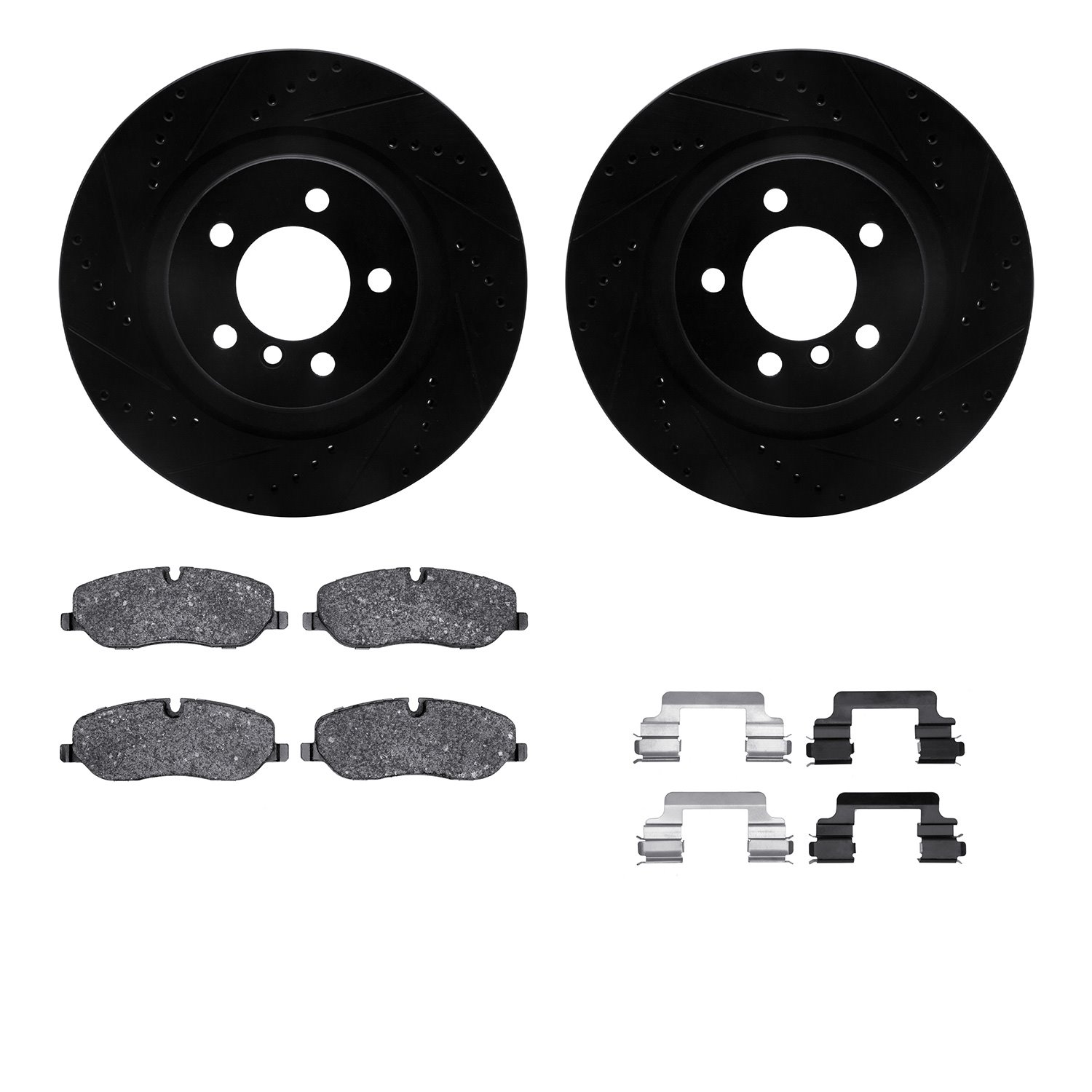 8512-11014 Drilled/Slotted Brake Rotors w/5000 Advanced Brake Pads Kit & Hardware [Black], 2006-2009 Land Rover, Position: Front