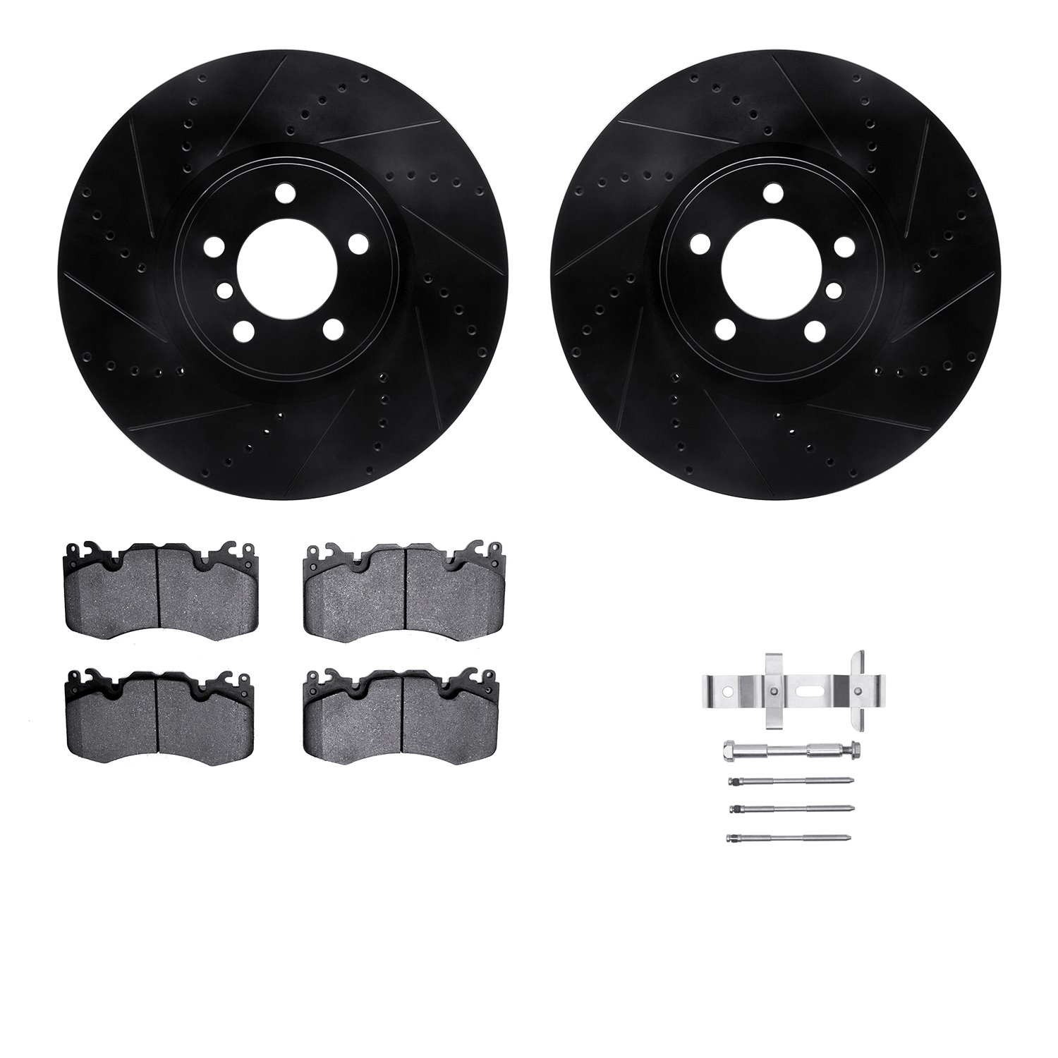 8512-11021 Drilled/Slotted Brake Rotors w/5000 Advanced Brake Pads Kit & Hardware [Black], 2010-2012 Land Rover, Position: Front