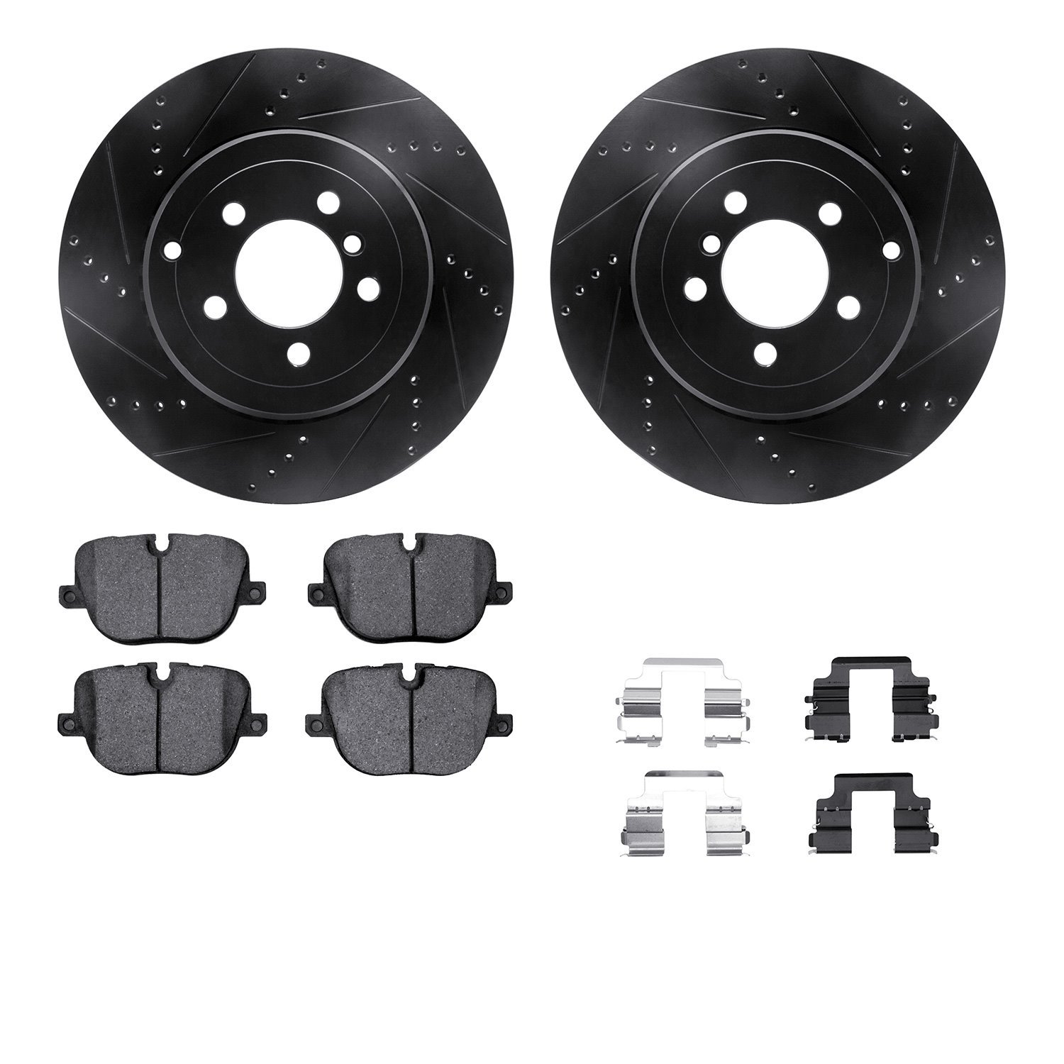 8512-11023 Drilled/Slotted Brake Rotors w/5000 Advanced Brake Pads Kit & Hardware [Black], 2010-2012 Land Rover, Position: Rear