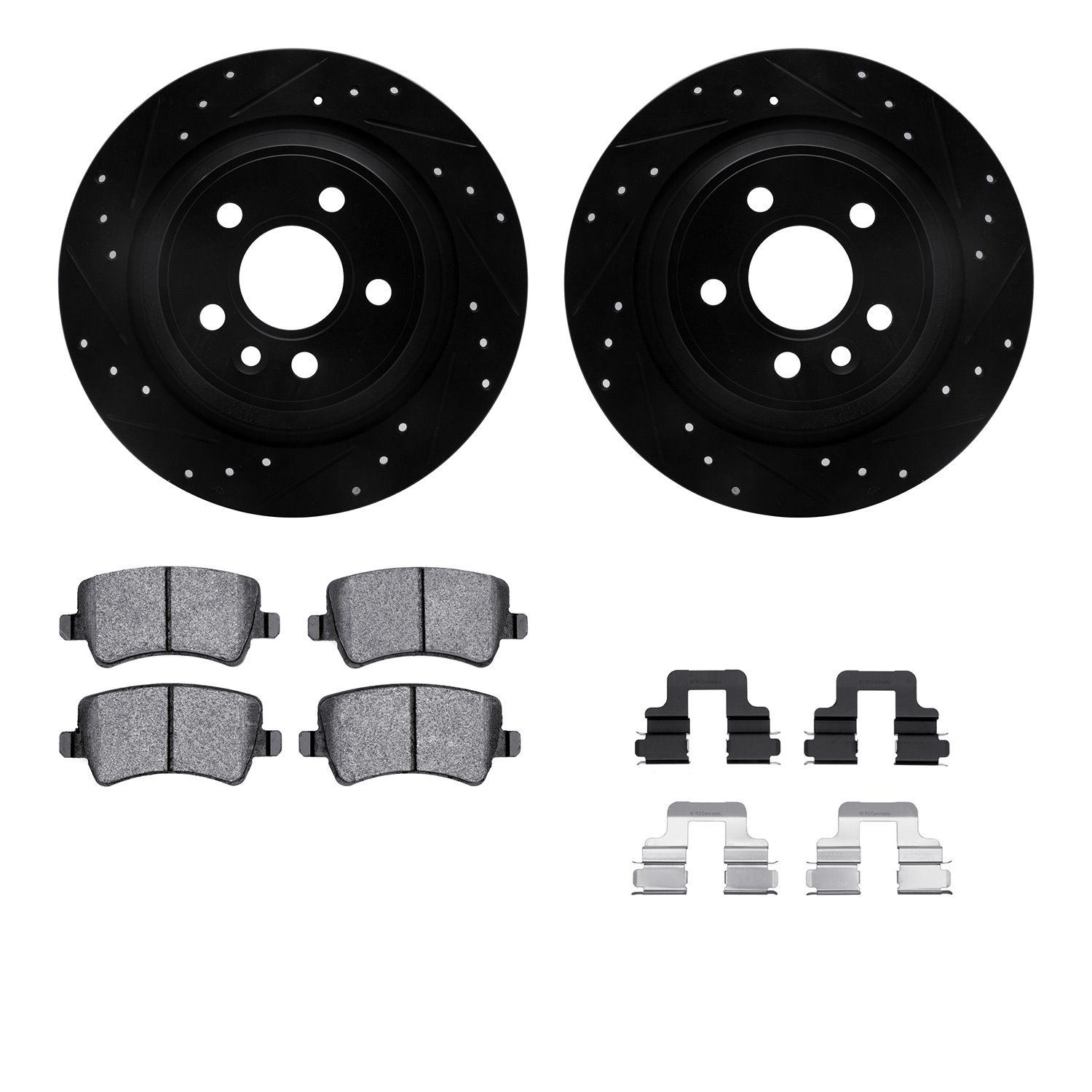 8512-11034 Drilled/Slotted Brake Rotors w/5000 Advanced Brake Pads Kit & Hardware [Black], 2012-2015 Land Rover, Position: Rear