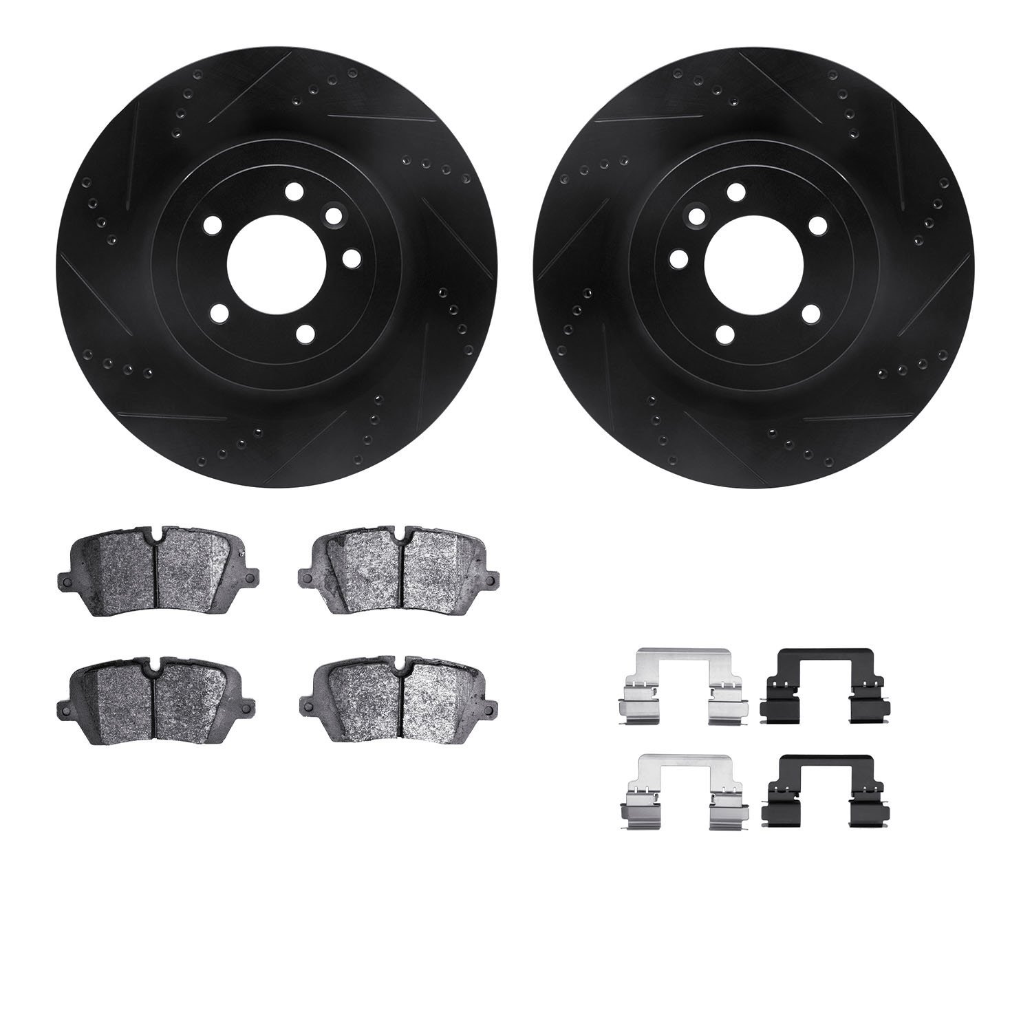 8512-11035 Drilled/Slotted Brake Rotors w/5000 Advanced Brake Pads Kit & Hardware [Black], Fits Select Land Rover, Position: Rea