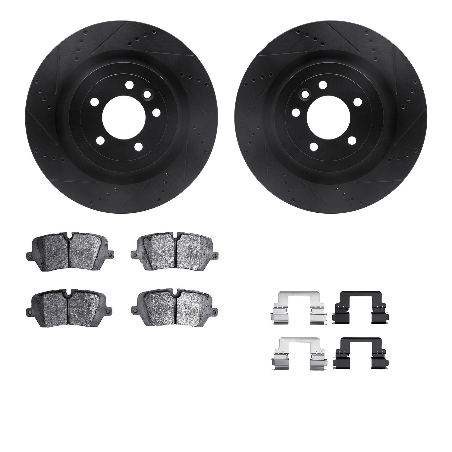 8512-11036 Drilled/Slotted Brake Rotors w/5000 Advanced Brake Pads Kit & Hardware [Black], 2013-2021 Land Rover, Position: Rear