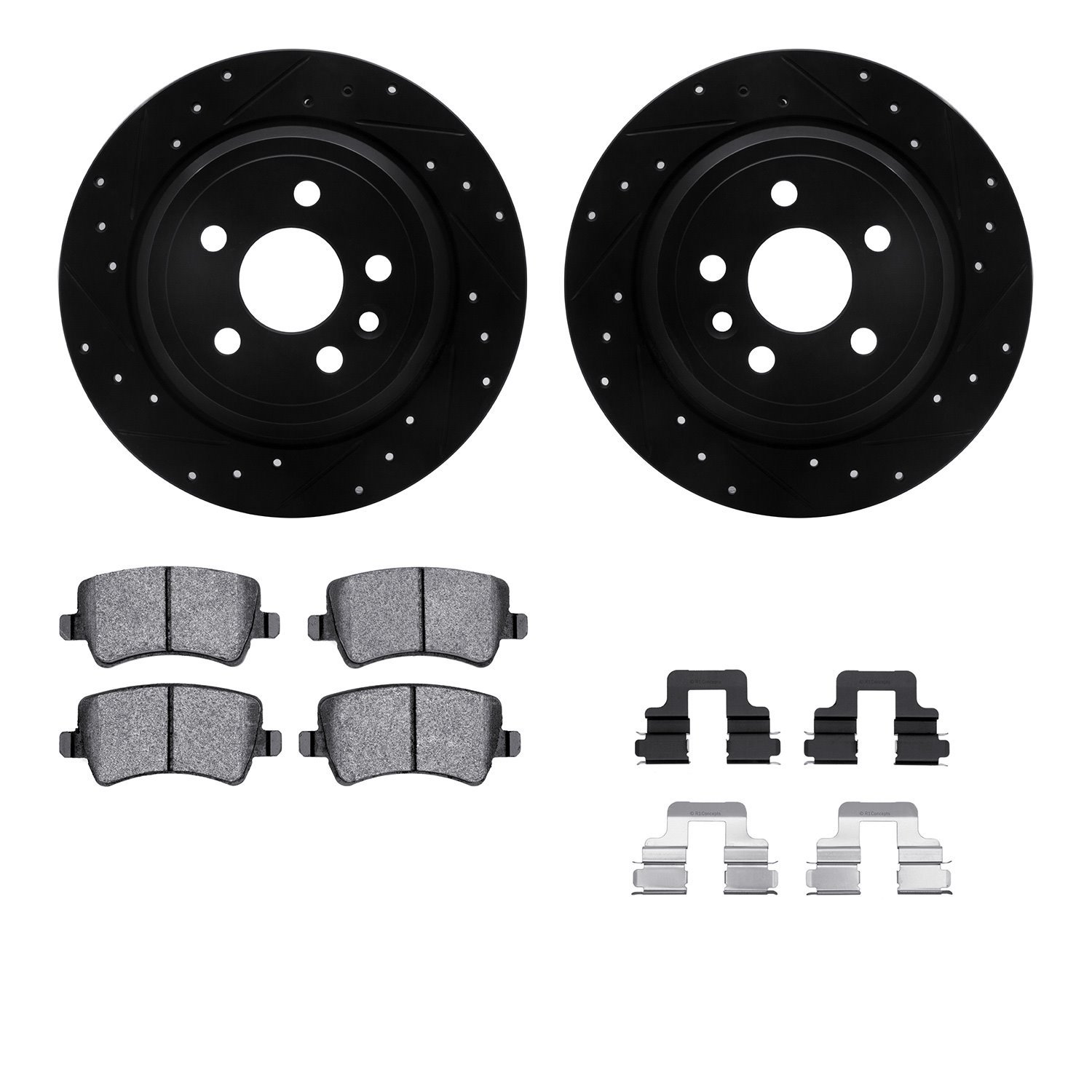 8512-11037 Drilled/Slotted Brake Rotors w/5000 Advanced Brake Pads Kit & Hardware [Black], 2013-2015 Land Rover, Position: Rear