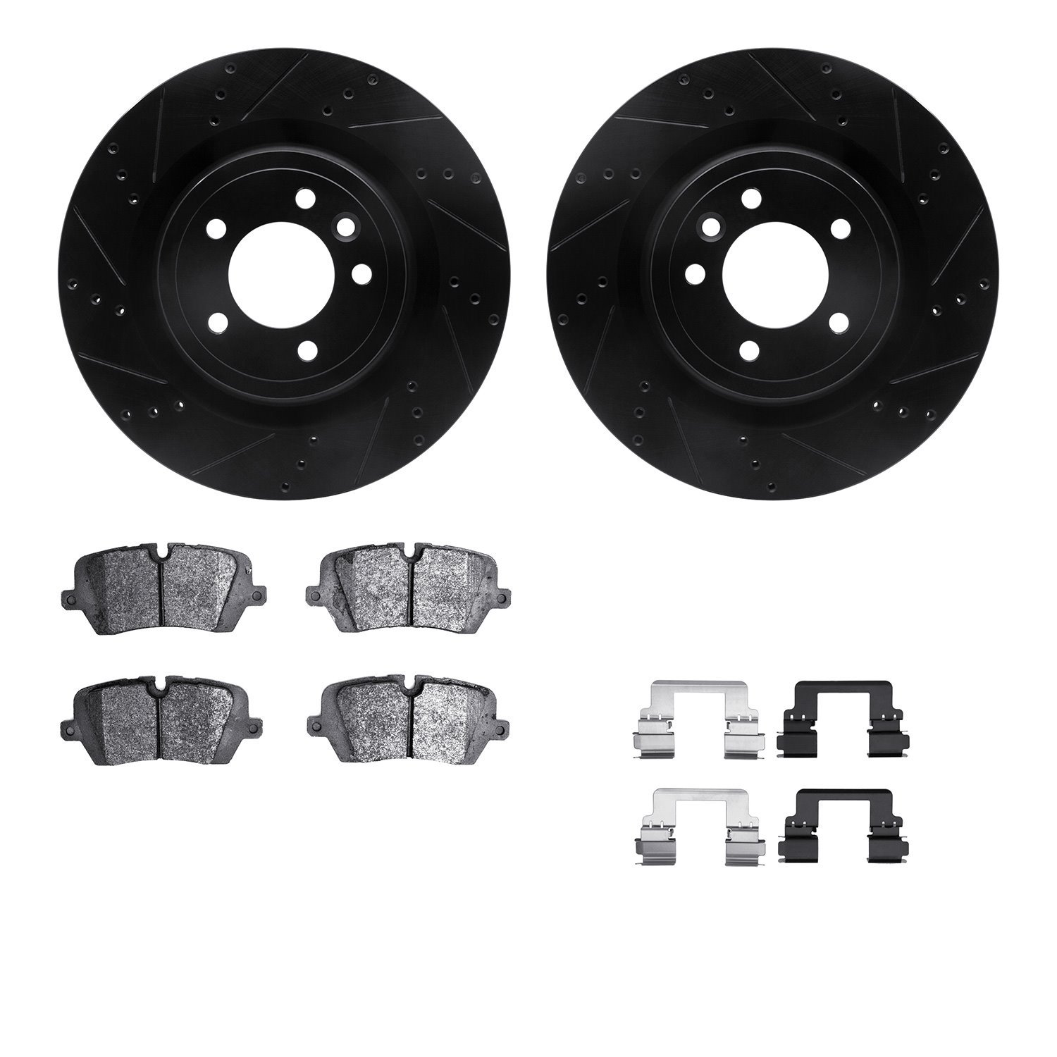 8512-11038 Drilled/Slotted Brake Rotors w/5000 Advanced Brake Pads Kit & Hardware [Black], 2014-2017 Land Rover, Position: Rear