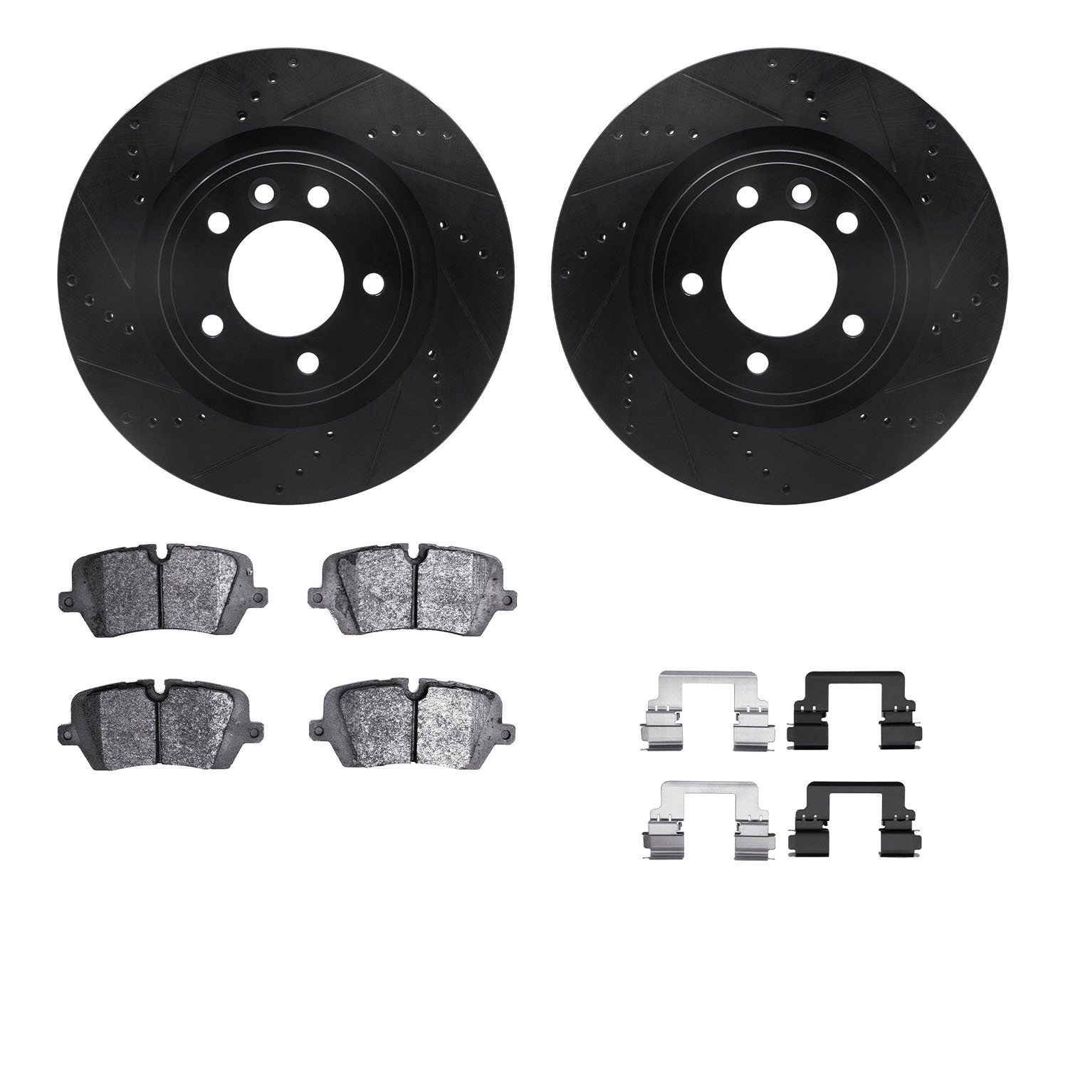8512-11043 Drilled/Slotted Brake Rotors w/5000 Advanced Brake Pads Kit & Hardware [Black], 2018-2020 Land Rover, Position: Rear