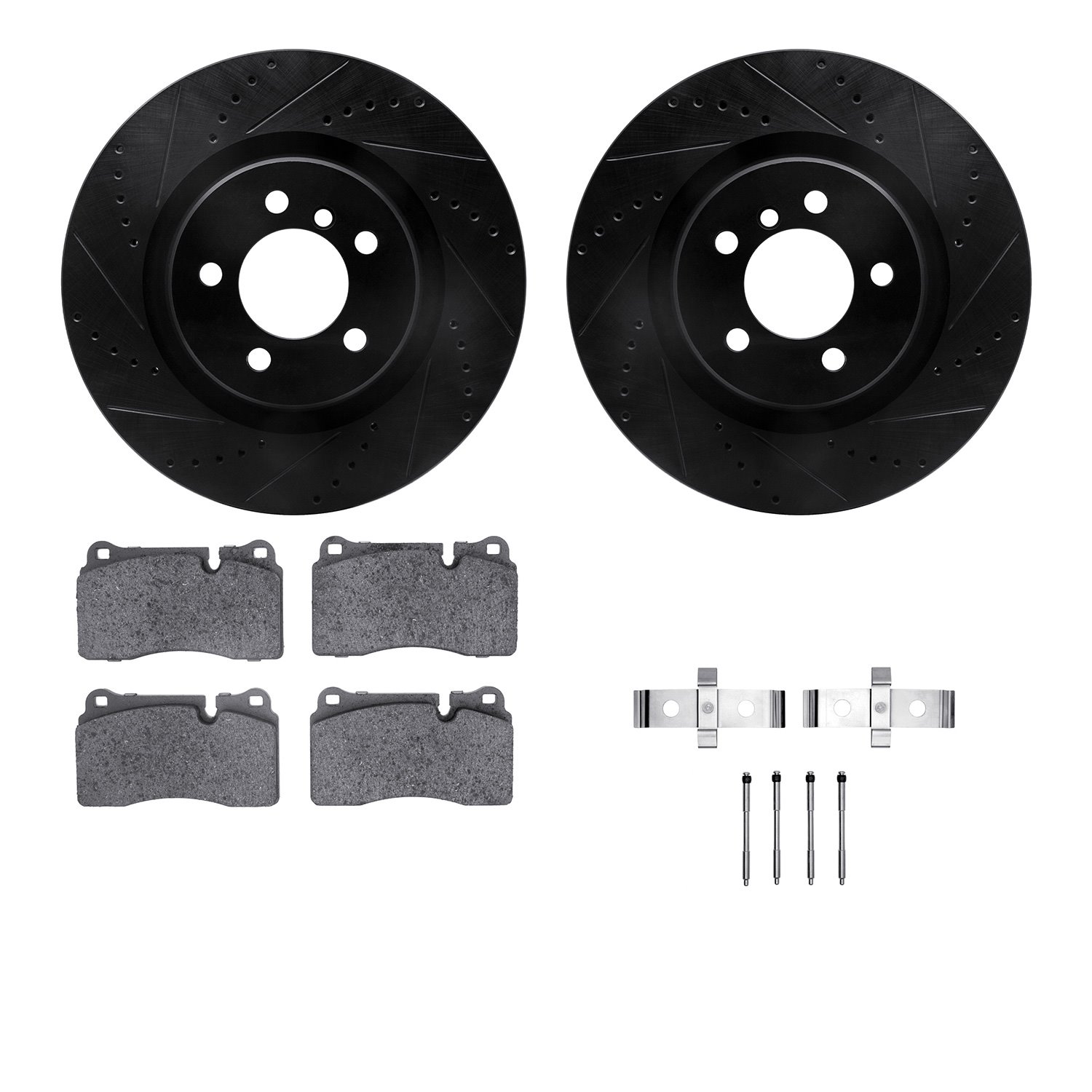 8512-11103 Drilled/Slotted Brake Rotors w/5000 Advanced Brake Pads Kit & Hardware [Black], 2006-2009 Land Rover, Position: Front