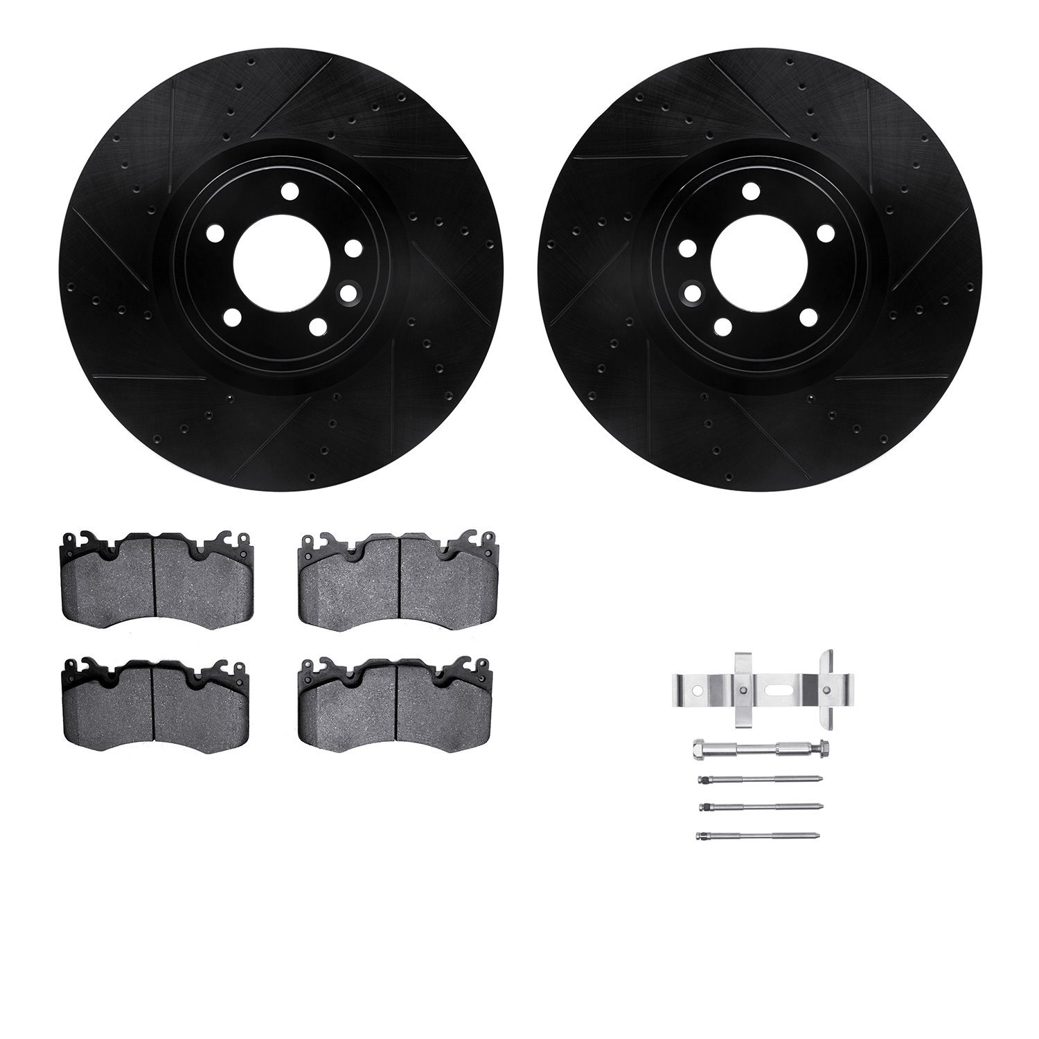 8512-11176 Drilled/Slotted Brake Rotors w/5000 Advanced Brake Pads Kit & Hardware [Black], 2018-2021 Land Rover, Position: Front