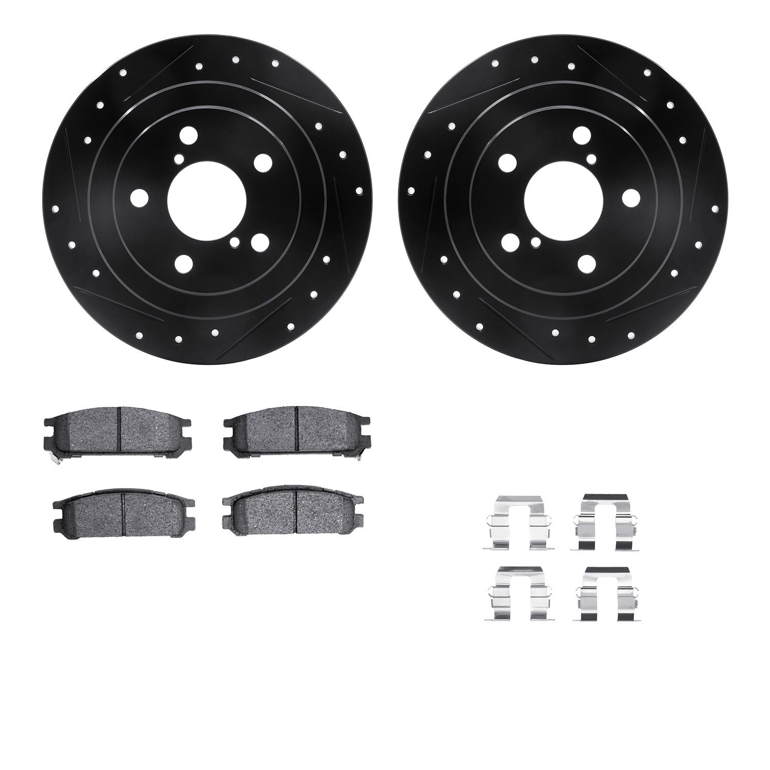 8512-13008 Drilled/Slotted Brake Rotors w/5000 Advanced Brake Pads Kit & Hardware [Black], 1990-1999 Subaru, Position: Rear