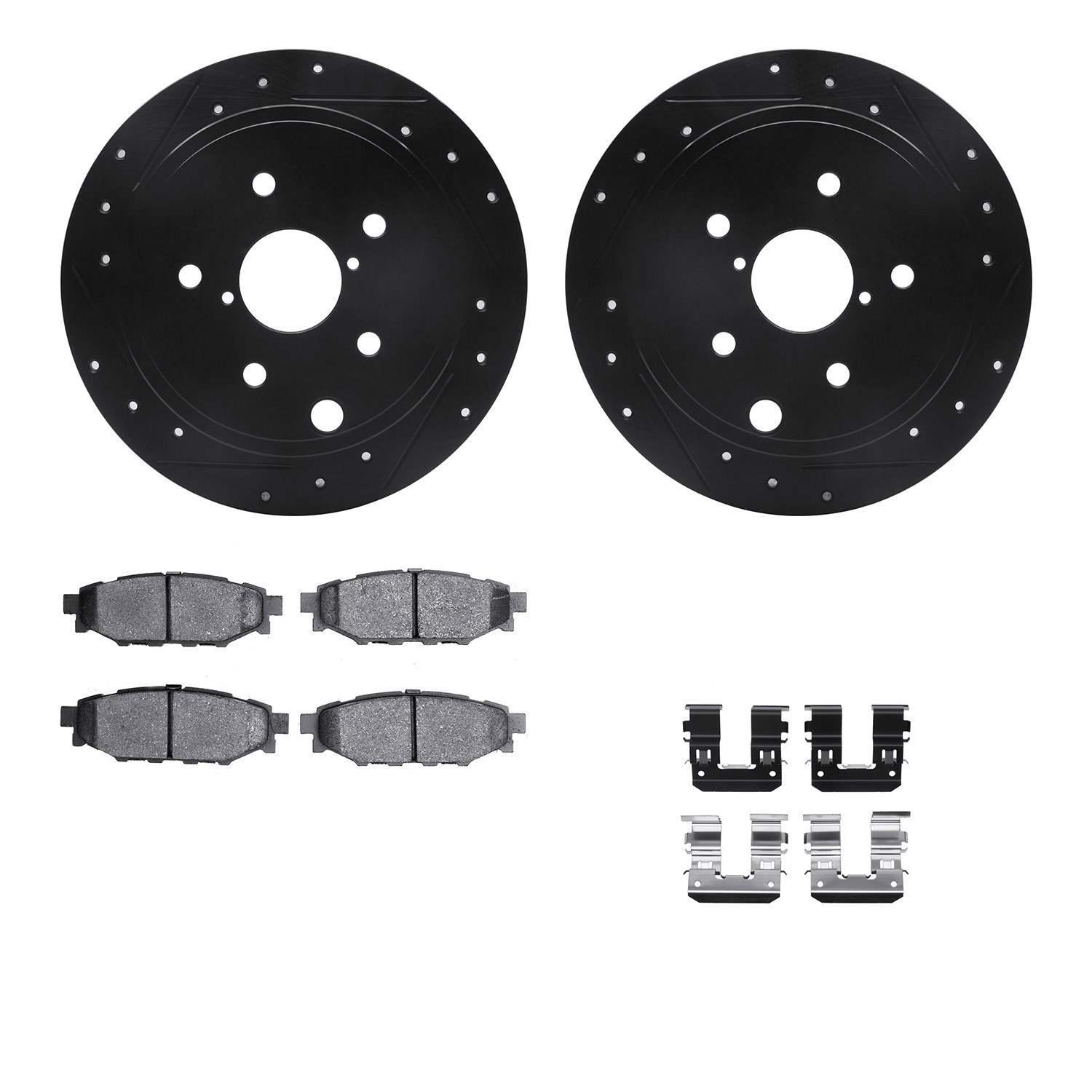 8512-13031 Drilled/Slotted Brake Rotors w/5000 Advanced Brake Pads Kit & Hardware [Black], 2015-2021 Subaru, Position: Rear