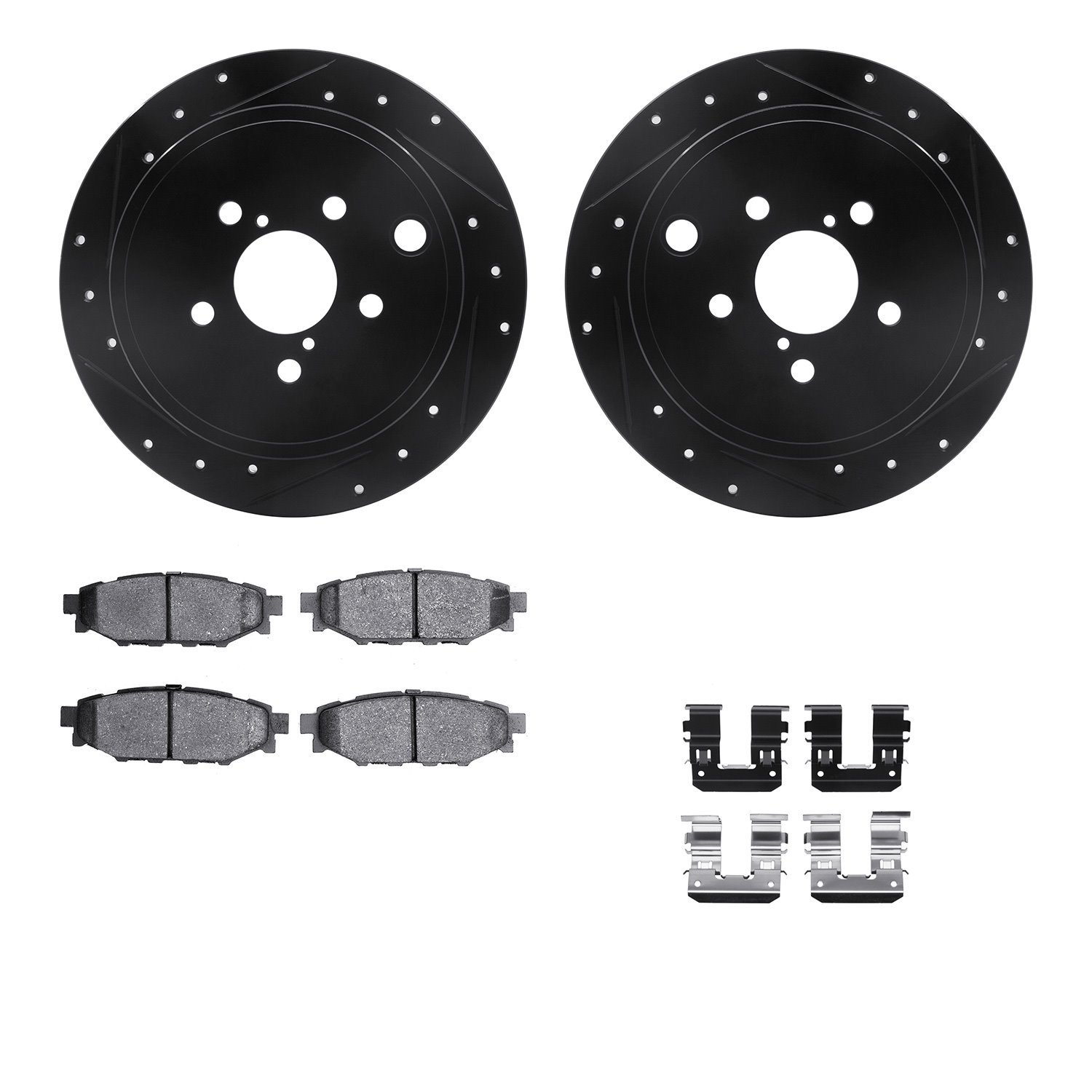 8512-13041 Drilled/Slotted Brake Rotors w/5000 Advanced Brake Pads Kit & Hardware [Black], 2008-2015 Subaru, Position: Rear