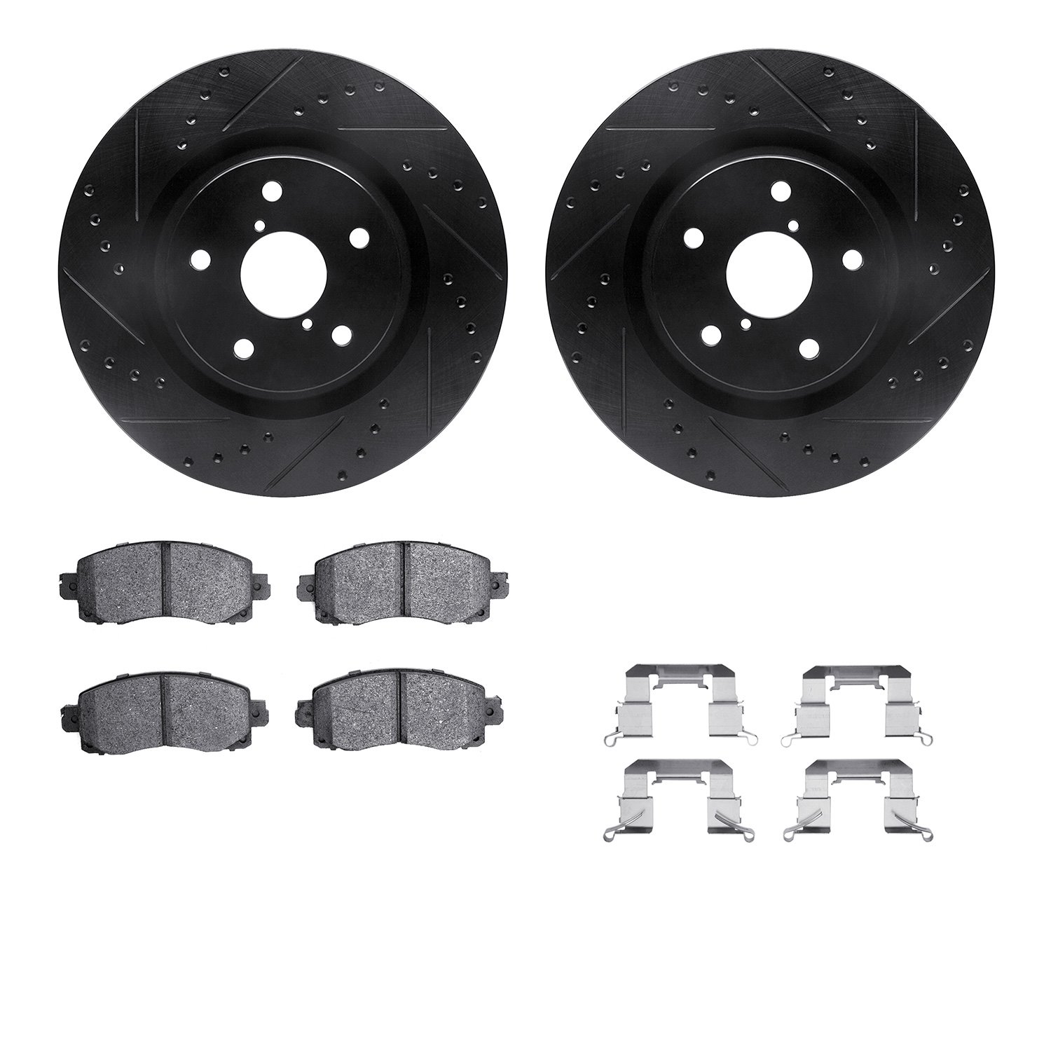 8512-13055 Drilled/Slotted Brake Rotors w/5000 Advanced Brake Pads Kit & Hardware [Black], Fits Select Subaru, Position: Front