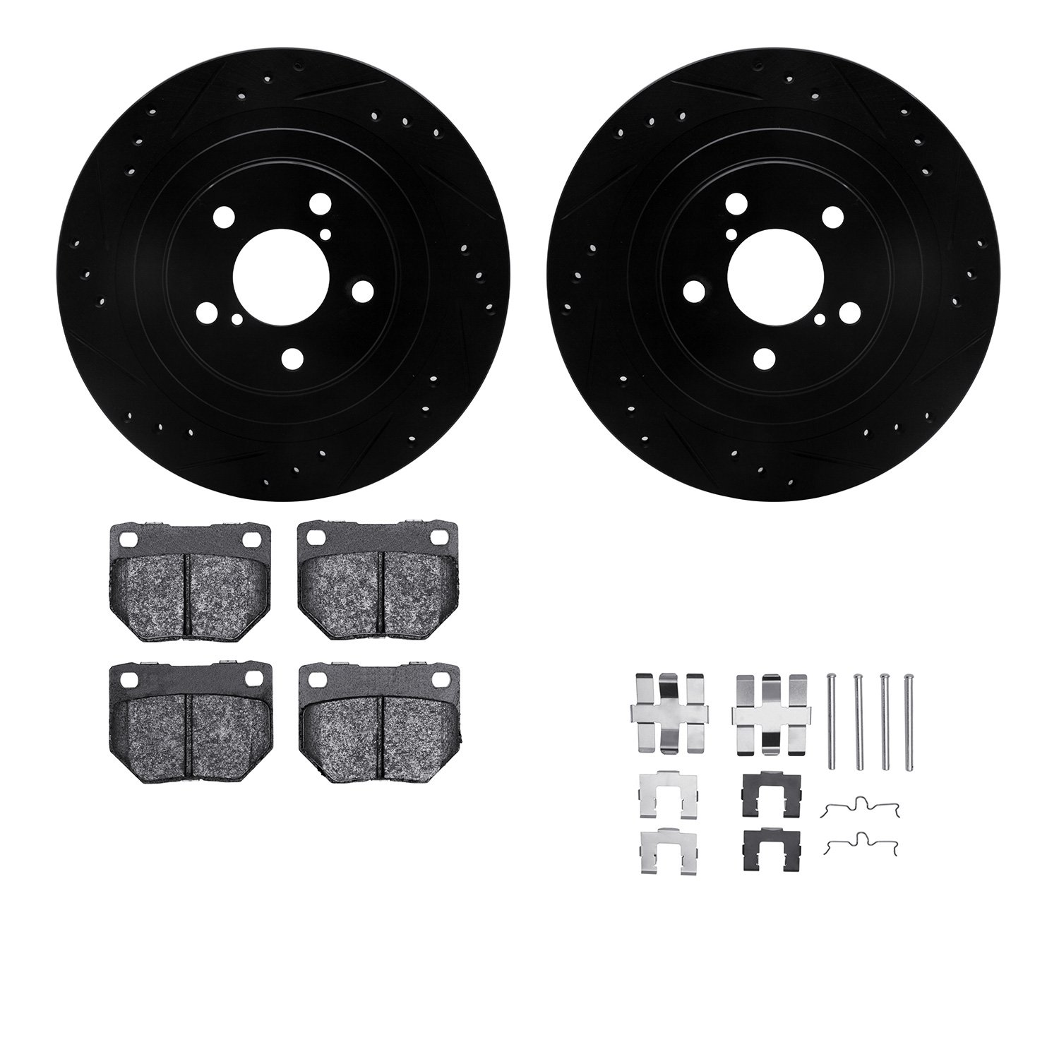8512-13144 Drilled/Slotted Brake Rotors w/5000 Advanced Brake Pads Kit & Hardware [Black], 2006-2007 Subaru, Position: Rear