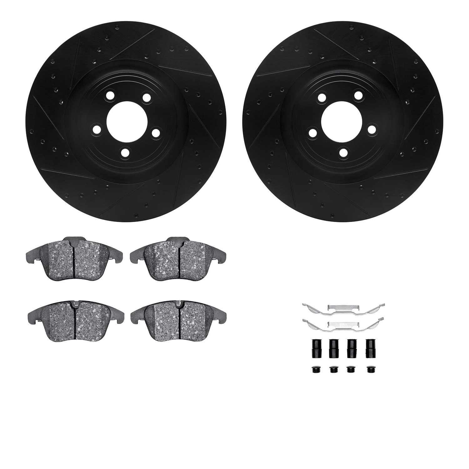 8512-20016 Drilled/Slotted Brake Rotors w/5000 Advanced Brake Pads Kit & Hardware [Black], 2013-2015 Jaguar, Position: Front