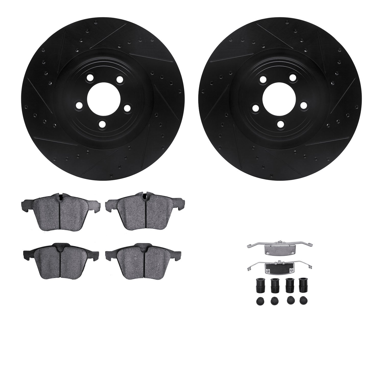 8512-20017 Drilled/Slotted Brake Rotors w/5000 Advanced Brake Pads Kit & Hardware [Black], 2013-2019 Jaguar, Position: Front