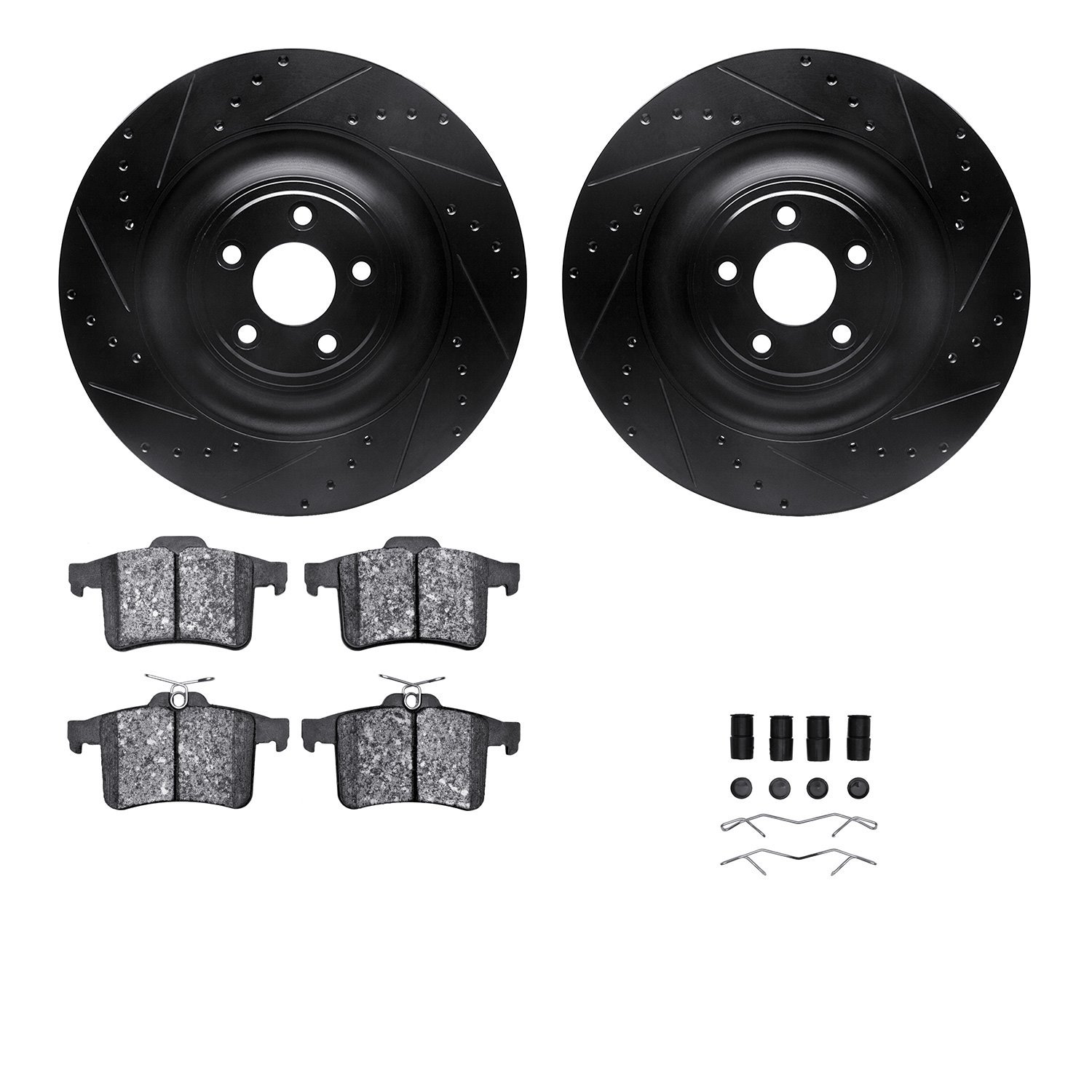 8512-20019 Drilled/Slotted Brake Rotors w/5000 Advanced Brake Pads Kit & Hardware [Black], 2010-2015 Jaguar, Position: Rear