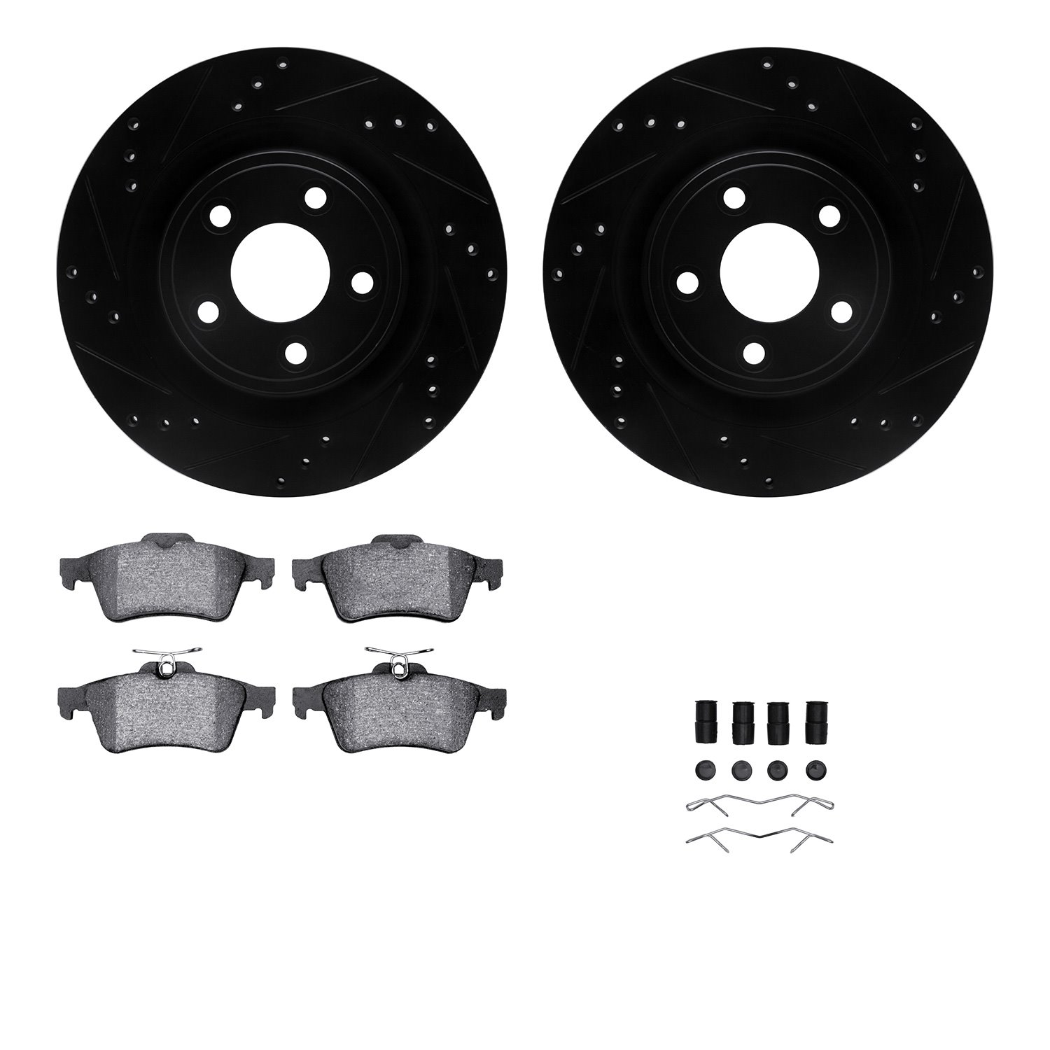 8512-20024 Drilled/Slotted Brake Rotors w/5000 Advanced Brake Pads Kit & Hardware [Black], 2006-2008 Jaguar, Position: Rear