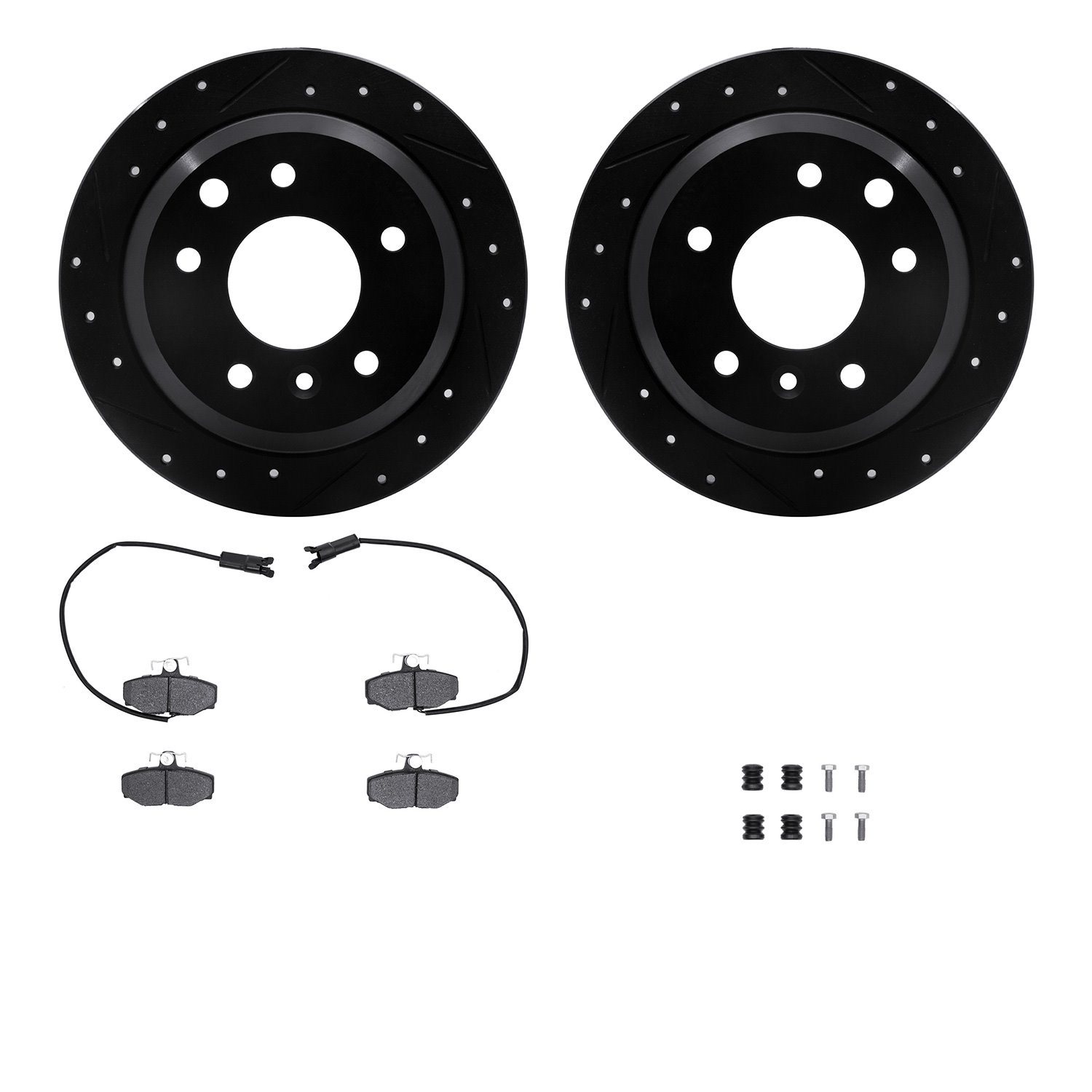 8512-20040 Drilled/Slotted Brake Rotors w/5000 Advanced Brake Pads Kit & Hardware [Black], 1987-1989 Jaguar, Position: Rear