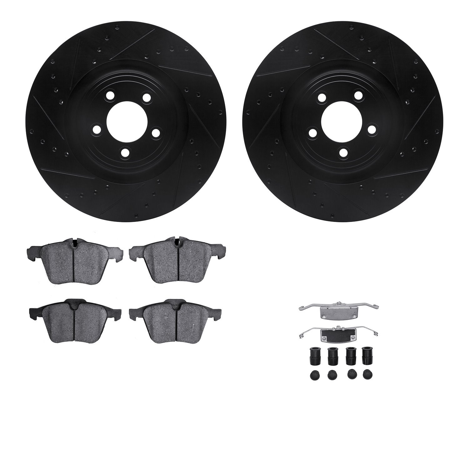 8512-20096 Drilled/Slotted Brake Rotors w/5000 Advanced Brake Pads Kit & Hardware [Black], 2014-2021 Jaguar, Position: Front