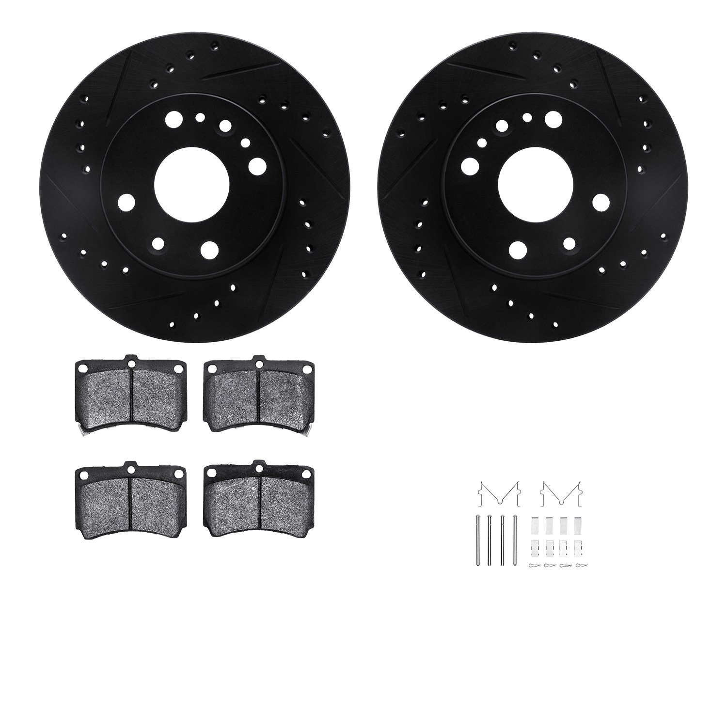 8512-21000 Drilled/Slotted Brake Rotors w/5000 Advanced Brake Pads Kit & Hardware [Black], 1994-2002 Multiple Makes/Models, Posi