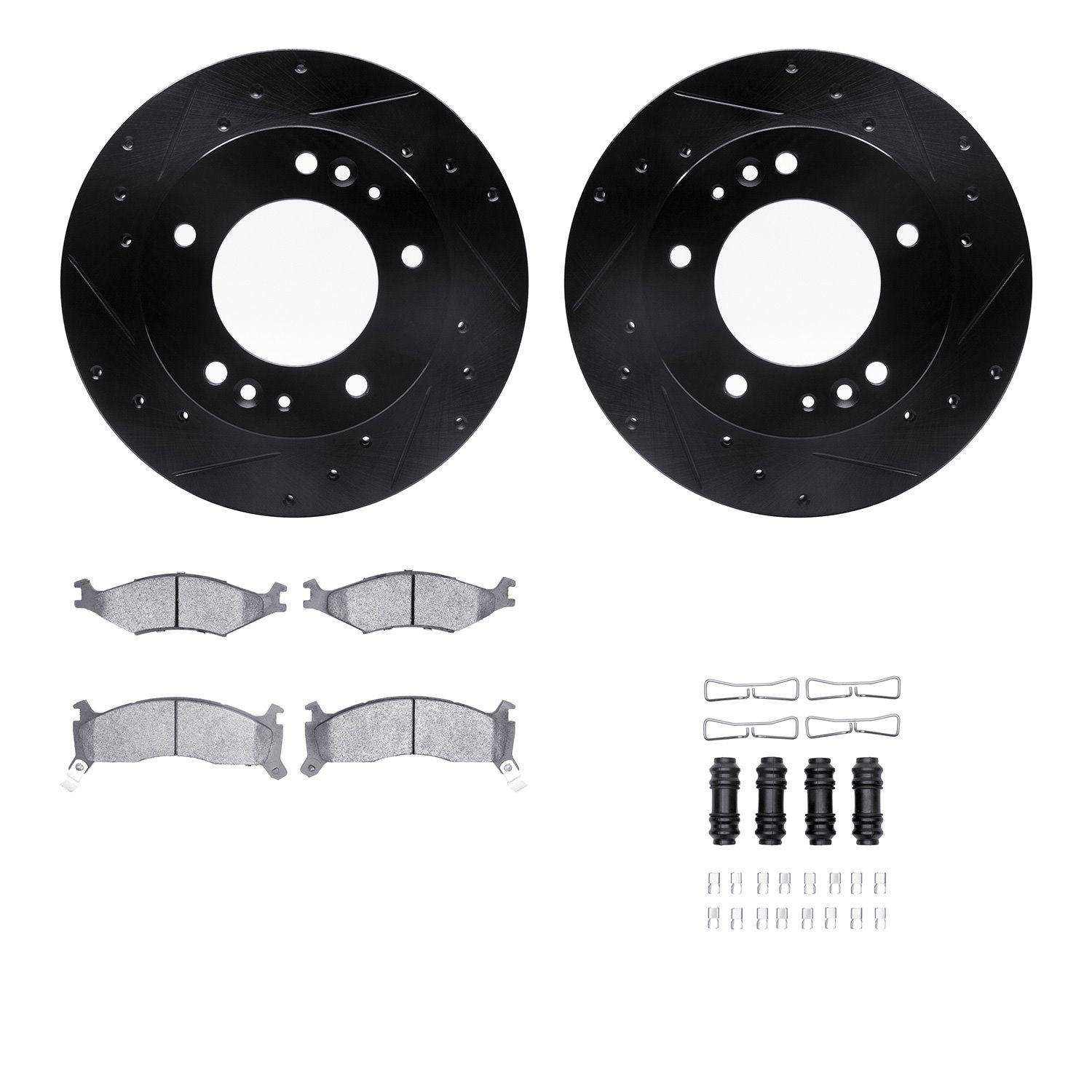 8512-21003 Drilled/Slotted Brake Rotors w/5000 Advanced Brake Pads Kit & Hardware [Black], 1995-1997 Kia/Hyundai/Genesis, Positi