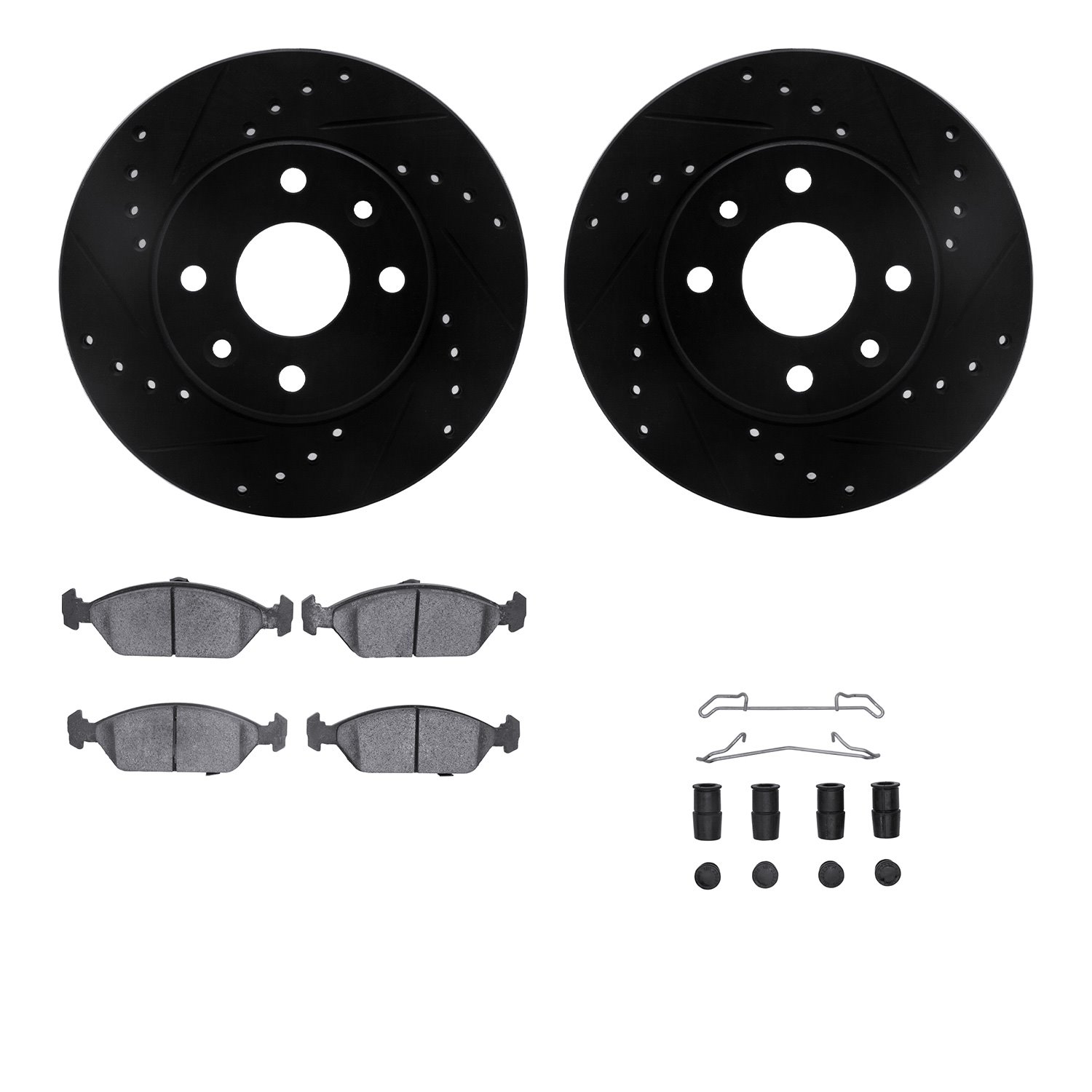 8512-21005 Drilled/Slotted Brake Rotors w/5000 Advanced Brake Pads Kit & Hardware [Black], 1994-2000 Kia/Hyundai/Genesis, Positi