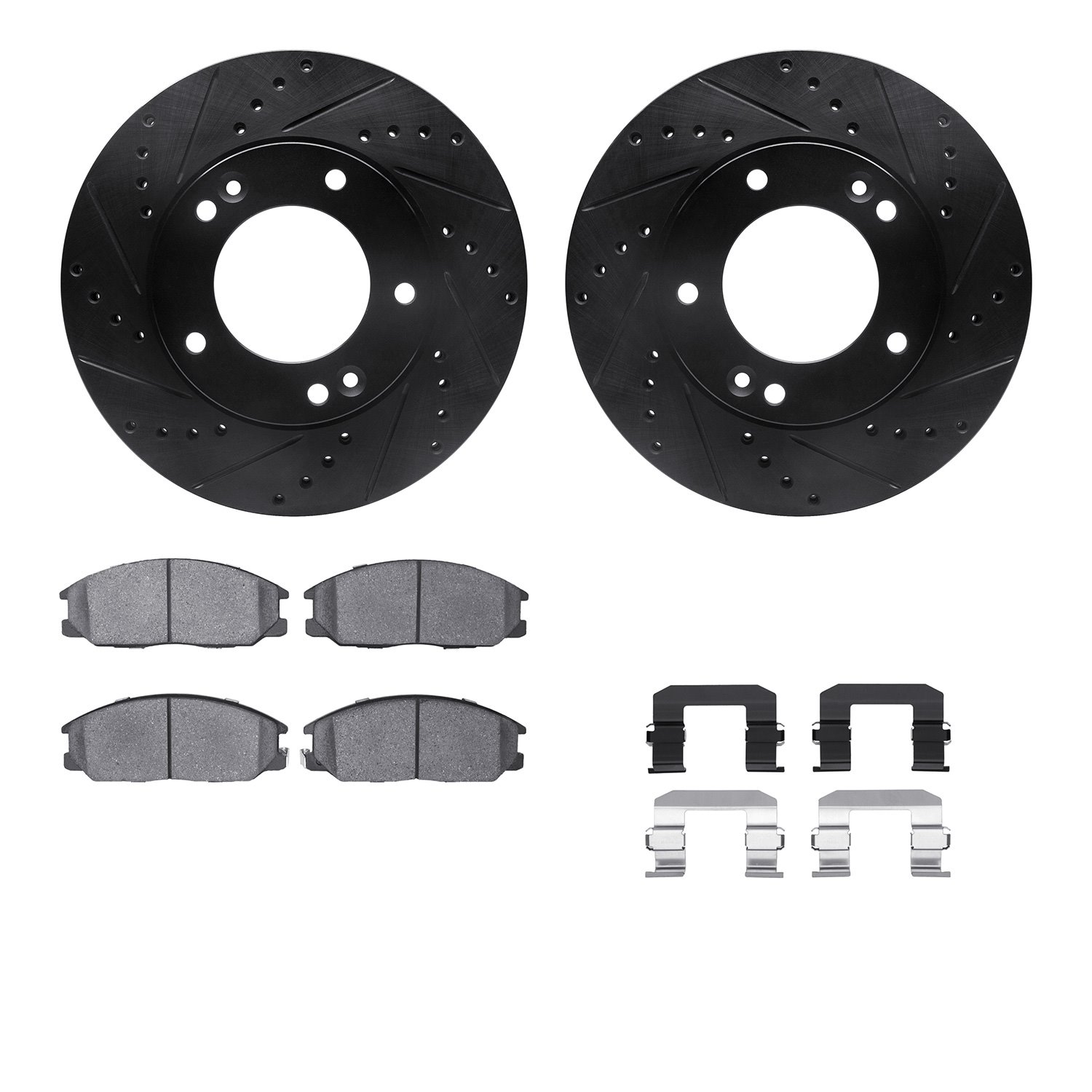 8512-21011 Drilled/Slotted Brake Rotors w/5000 Advanced Brake Pads Kit & Hardware [Black], 2007-2009 Kia/Hyundai/Genesis, Positi