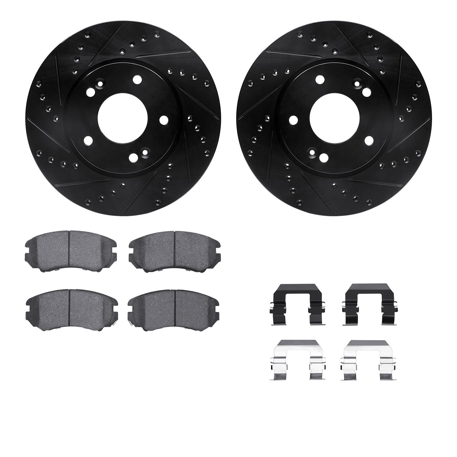 8512-21014 Drilled/Slotted Brake Rotors w/5000 Advanced Brake Pads Kit & Hardware [Black], 2010-2011 Kia/Hyundai/Genesis, Positi
