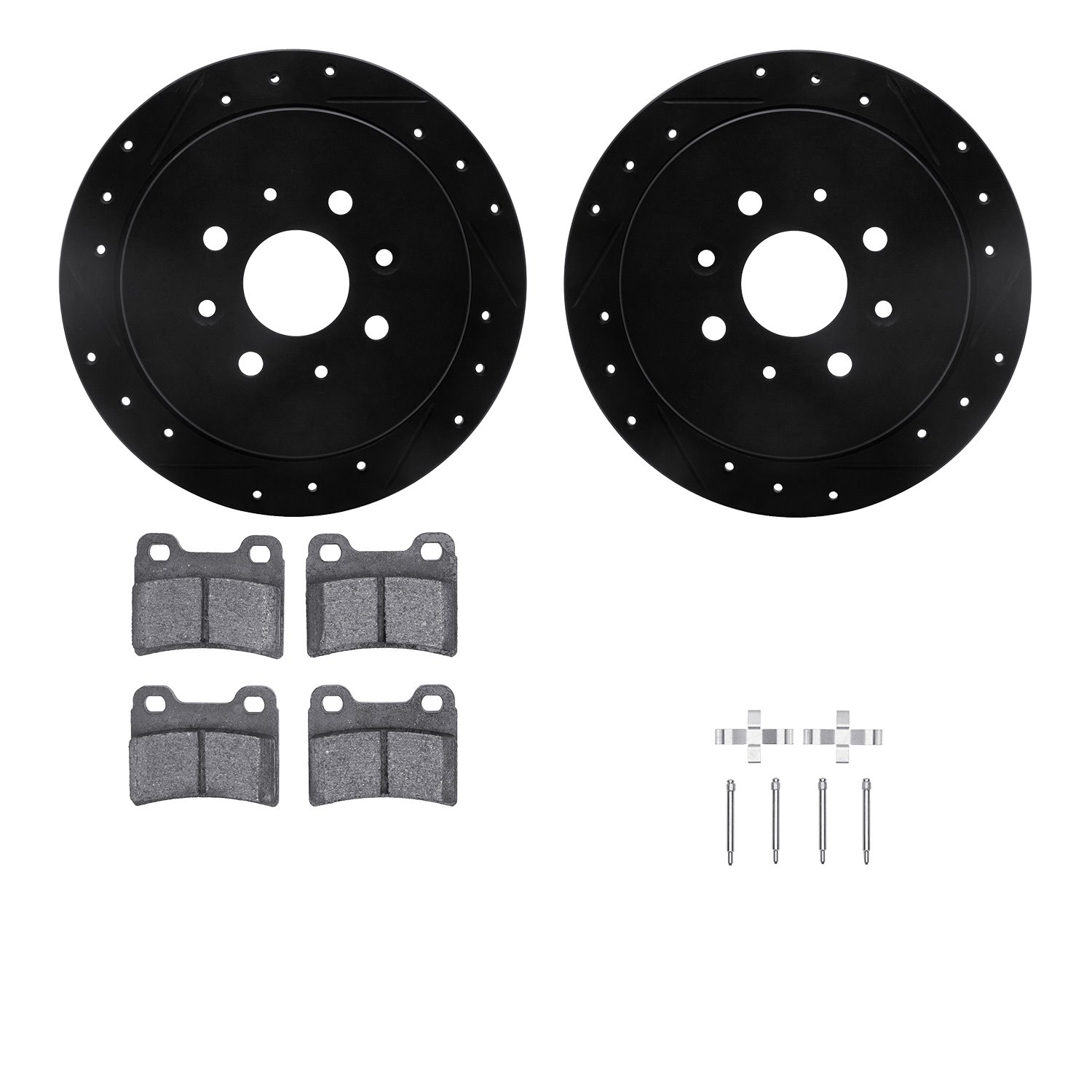 8512-21055 Drilled/Slotted Brake Rotors w/5000 Advanced Brake Pads Kit & Hardware [Black], 1995-1997 Kia/Hyundai/Genesis, Positi