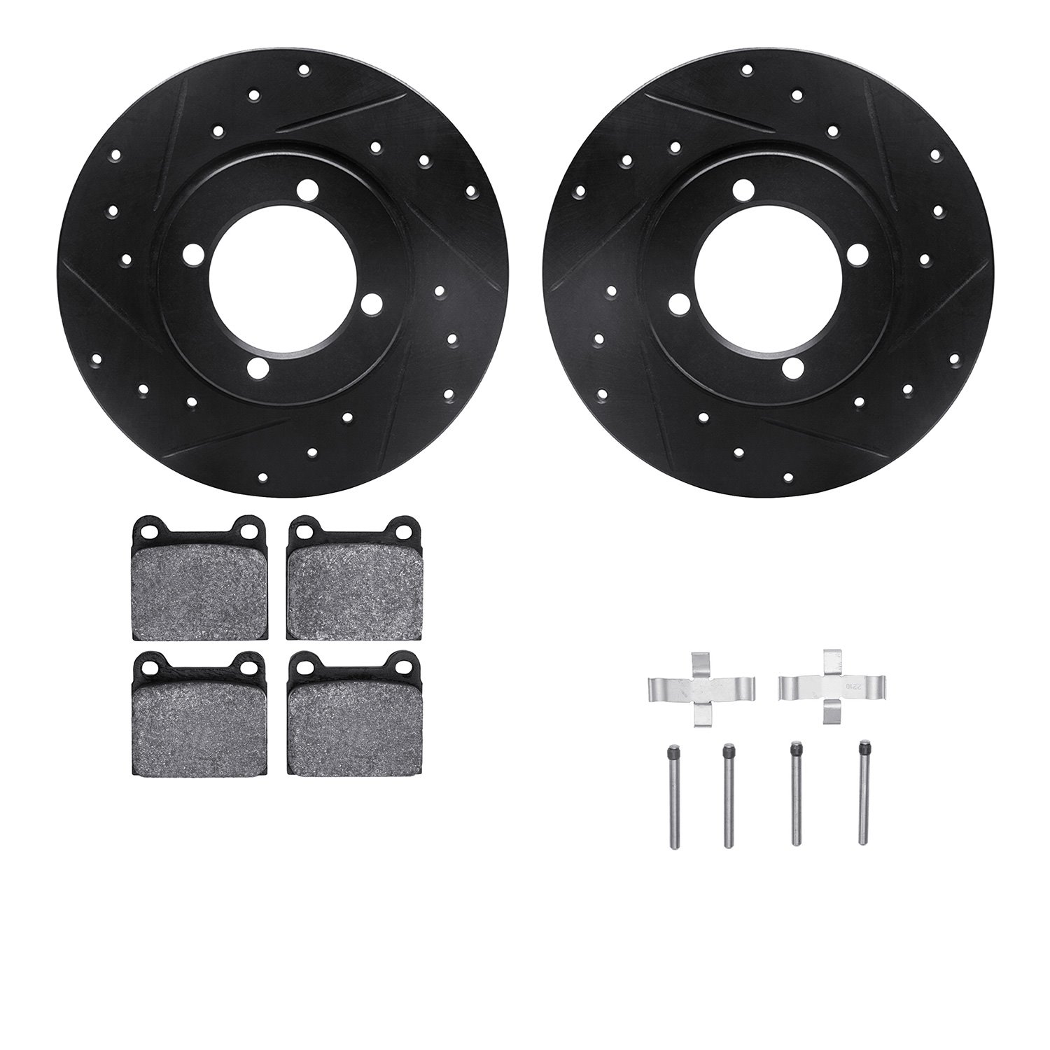 8512-22001 Drilled/Slotted Brake Rotors w/5000 Advanced Brake Pads Kit & Hardware [Black], 1968-1973 Opel, Position: Front
