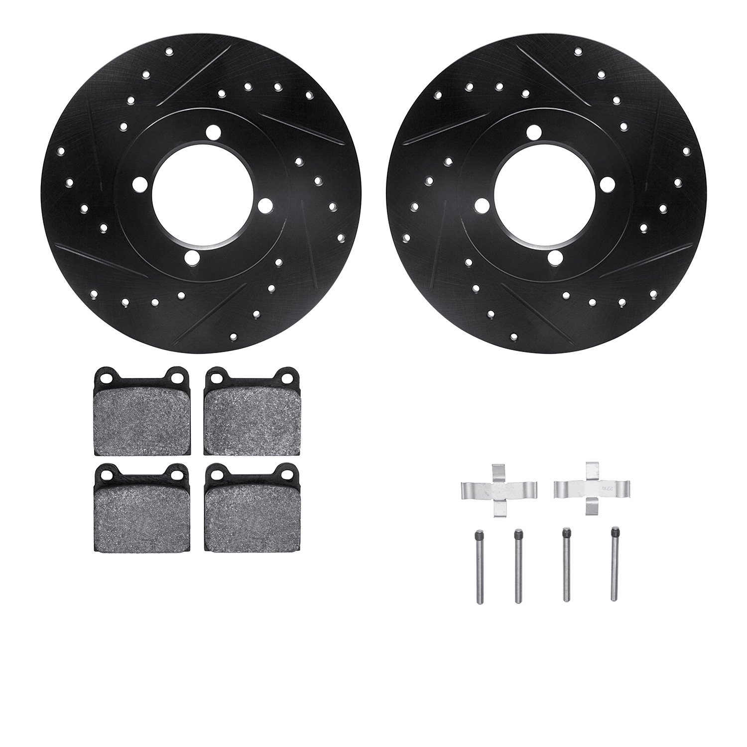 8512-22004 Drilled/Slotted Brake Rotors w/5000 Advanced Brake Pads Kit & Hardware [Black], 1974-1974 Opel, Position: Front