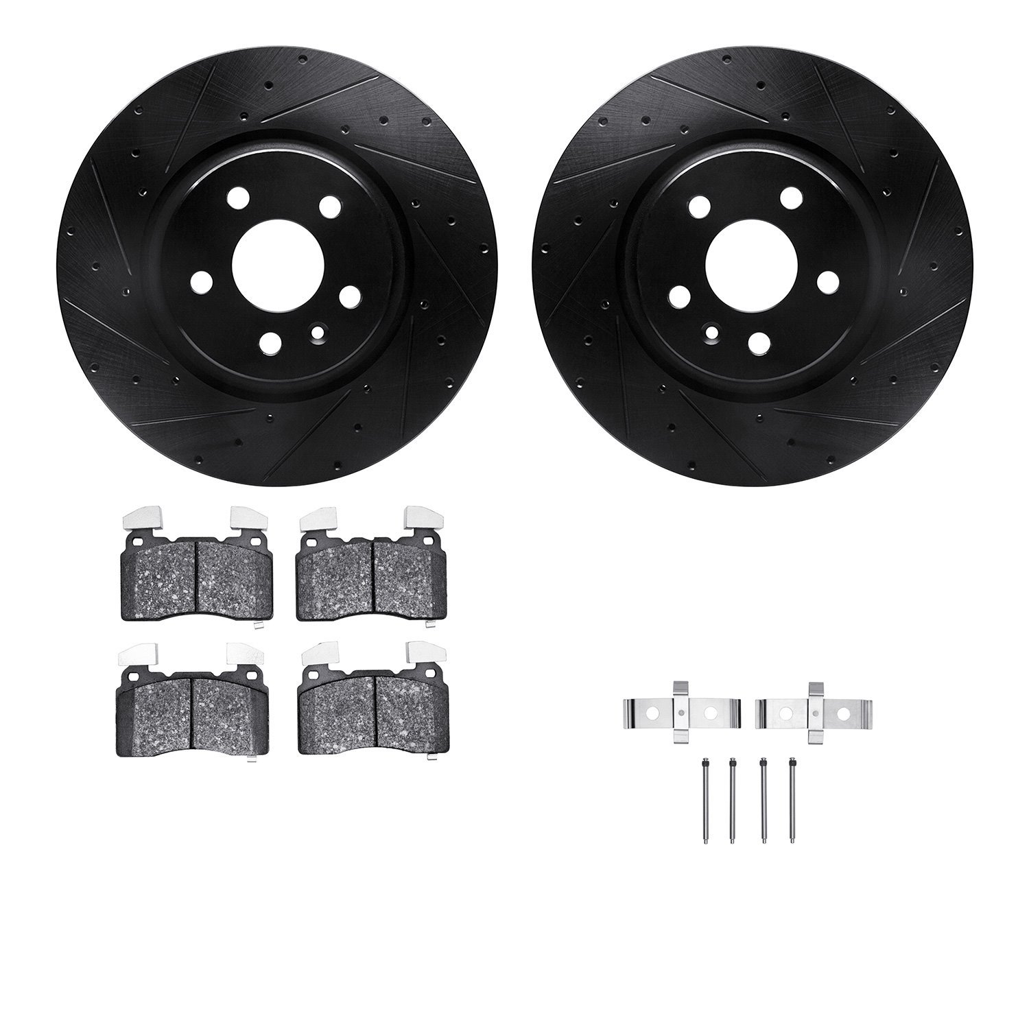 8512-26003 Drilled/Slotted Brake Rotors w/5000 Advanced Brake Pads Kit & Hardware [Black], 2012-2013 Tesla, Position: Front