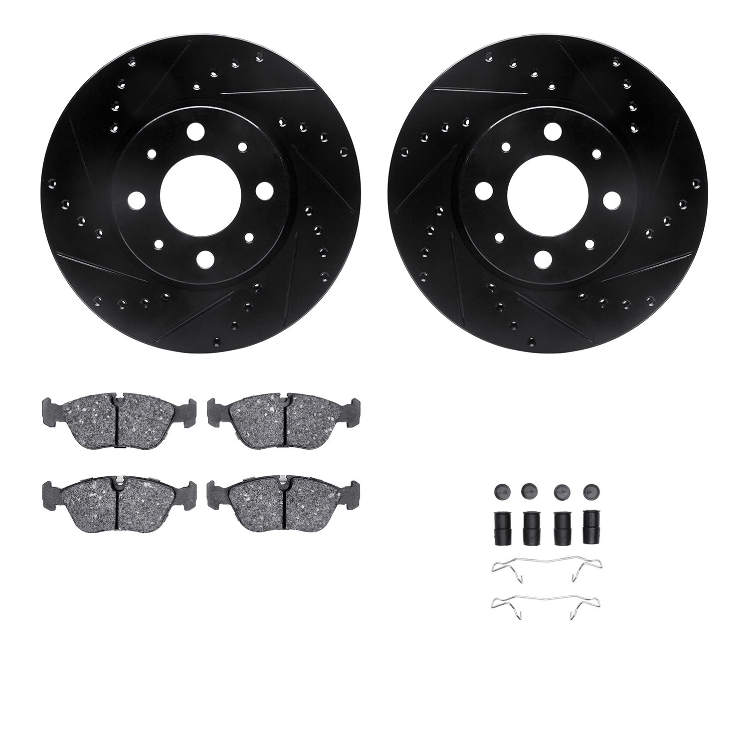 8512-27019 Drilled/Slotted Brake Rotors w/5000 Advanced Brake Pads Kit & Hardware [Black], 1993-1995 Volvo, Position: Front