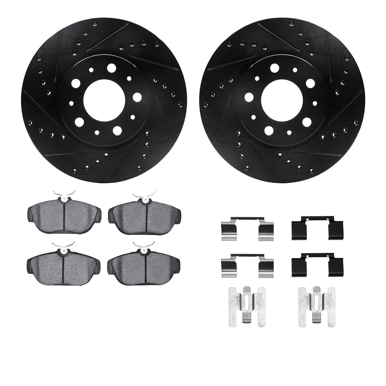 8512-27021 Drilled/Slotted Brake Rotors w/5000 Advanced Brake Pads Kit & Hardware [Black], 1995-1998 Volvo, Position: Front