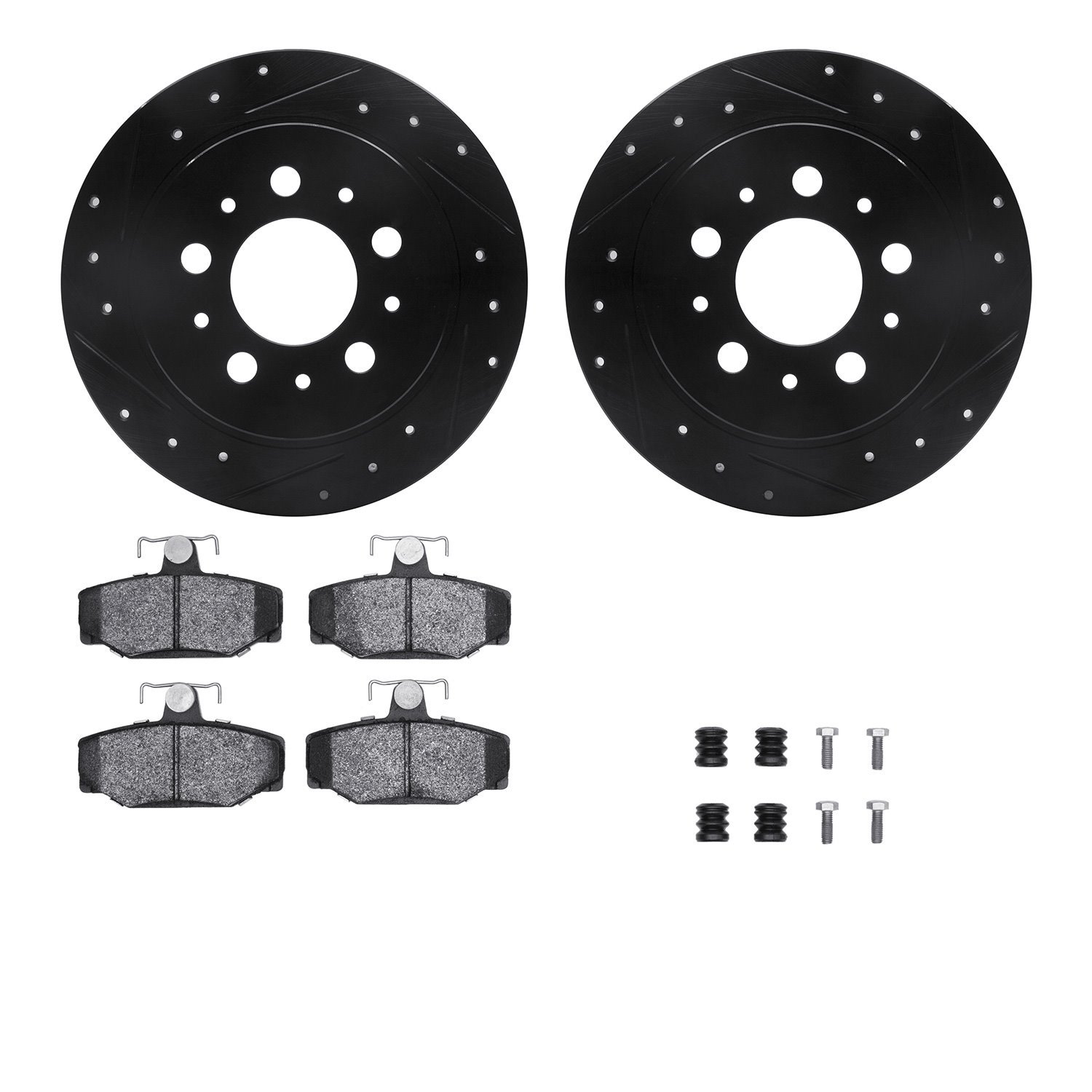 8512-27025 Drilled/Slotted Brake Rotors w/5000 Advanced Brake Pads Kit & Hardware [Black], 1995-1997 Volvo, Position: Rear