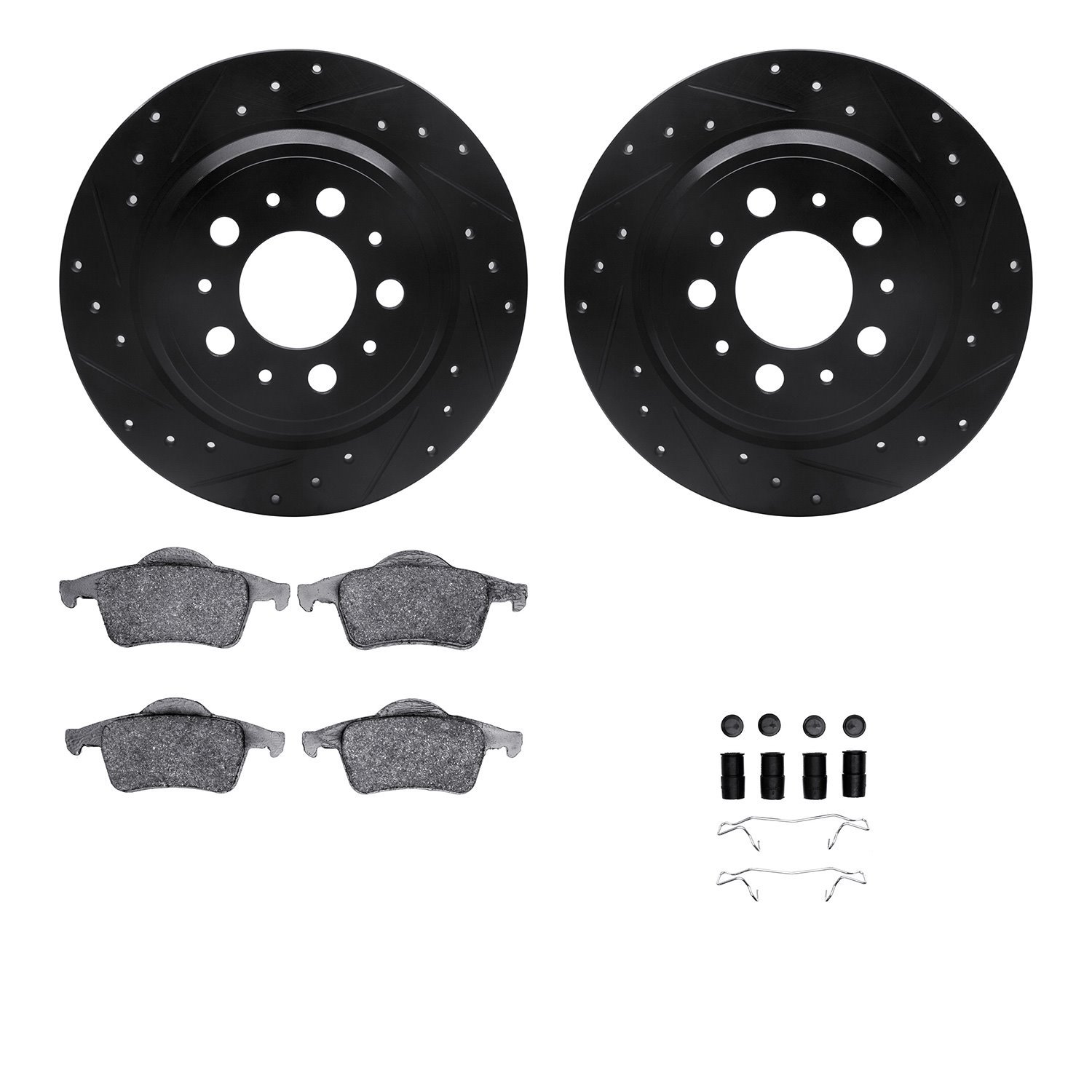 8512-27029 Drilled/Slotted Brake Rotors w/5000 Advanced Brake Pads Kit & Hardware [Black], 1999-2009 Volvo, Position: Rear