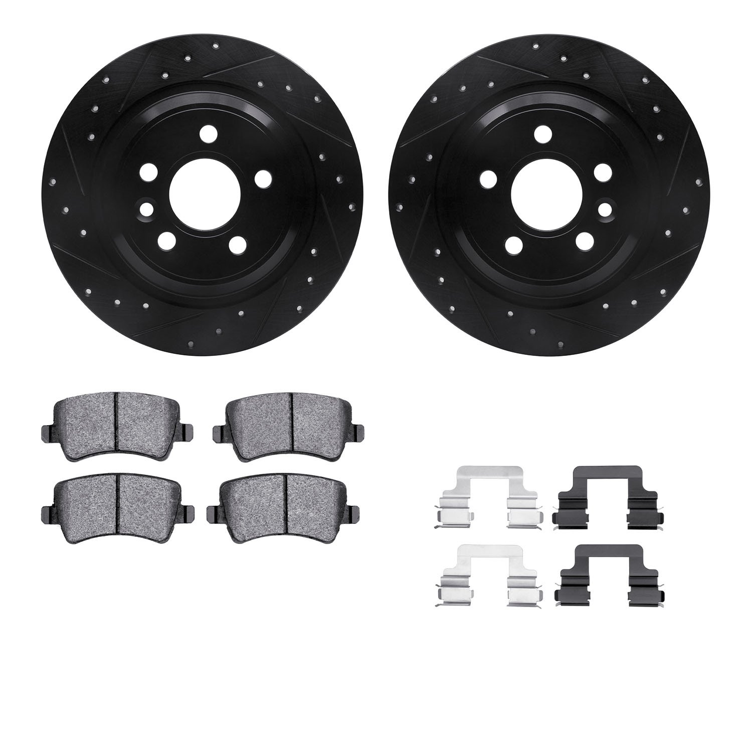 8512-27041 Drilled/Slotted Brake Rotors w/5000 Advanced Brake Pads Kit & Hardware [Black], 2018-2018 Volvo, Position: Rear