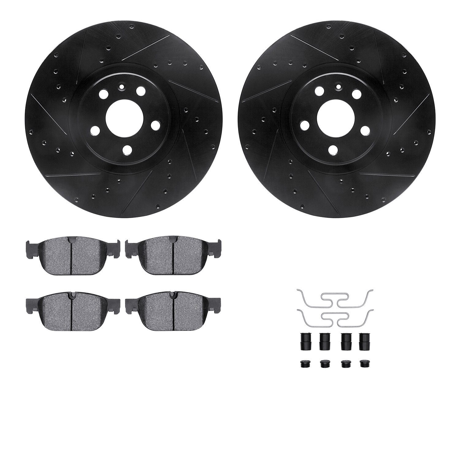 8512-27051 Drilled/Slotted Brake Rotors w/5000 Advanced Brake Pads Kit & Hardware [Black], Fits Select Volvo, Position: Front