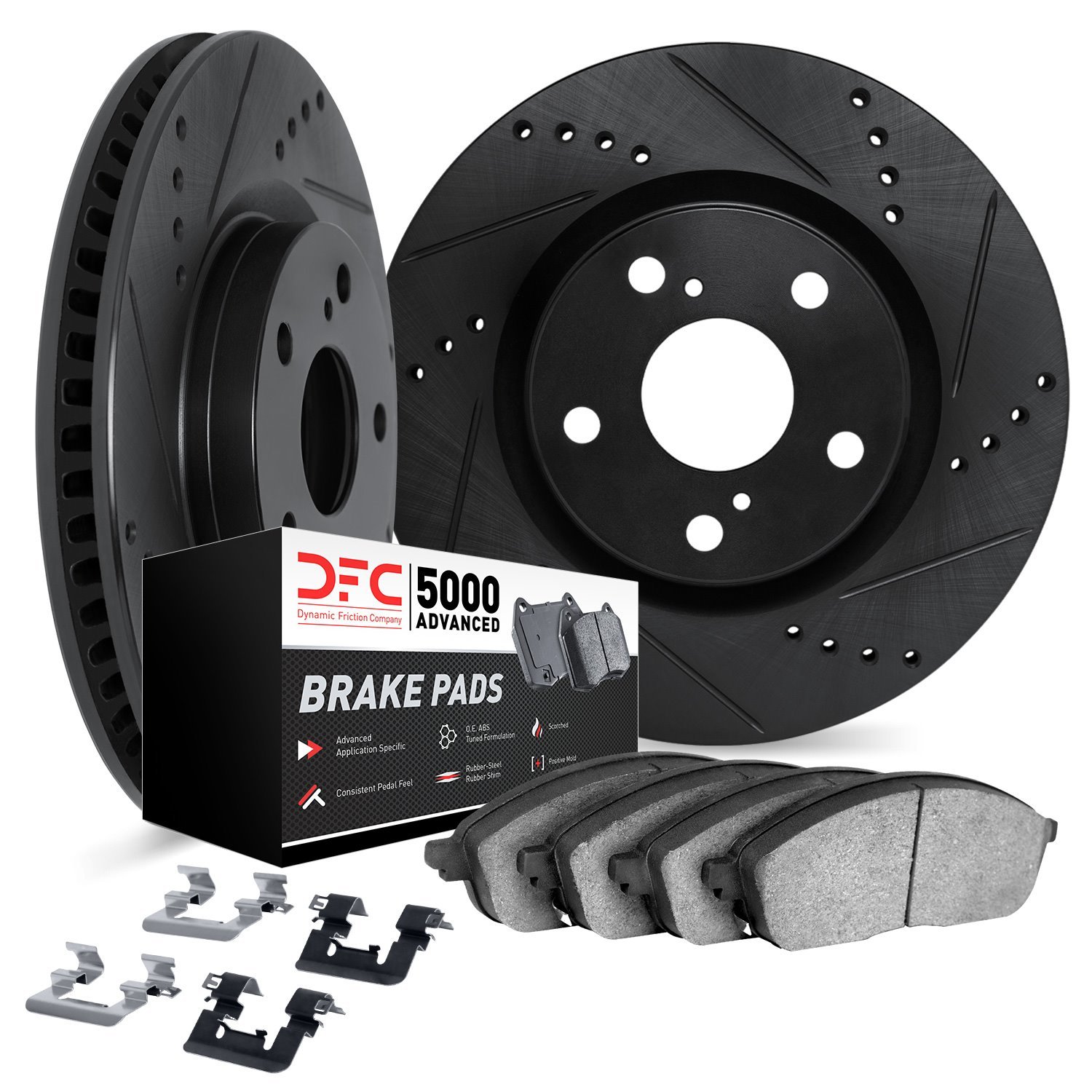 8512-27061 Drilled/Slotted Brake Rotors w/5000 Advanced Brake Pads Kit & Hardware [Black], Fits Select Volvo, Position: Front